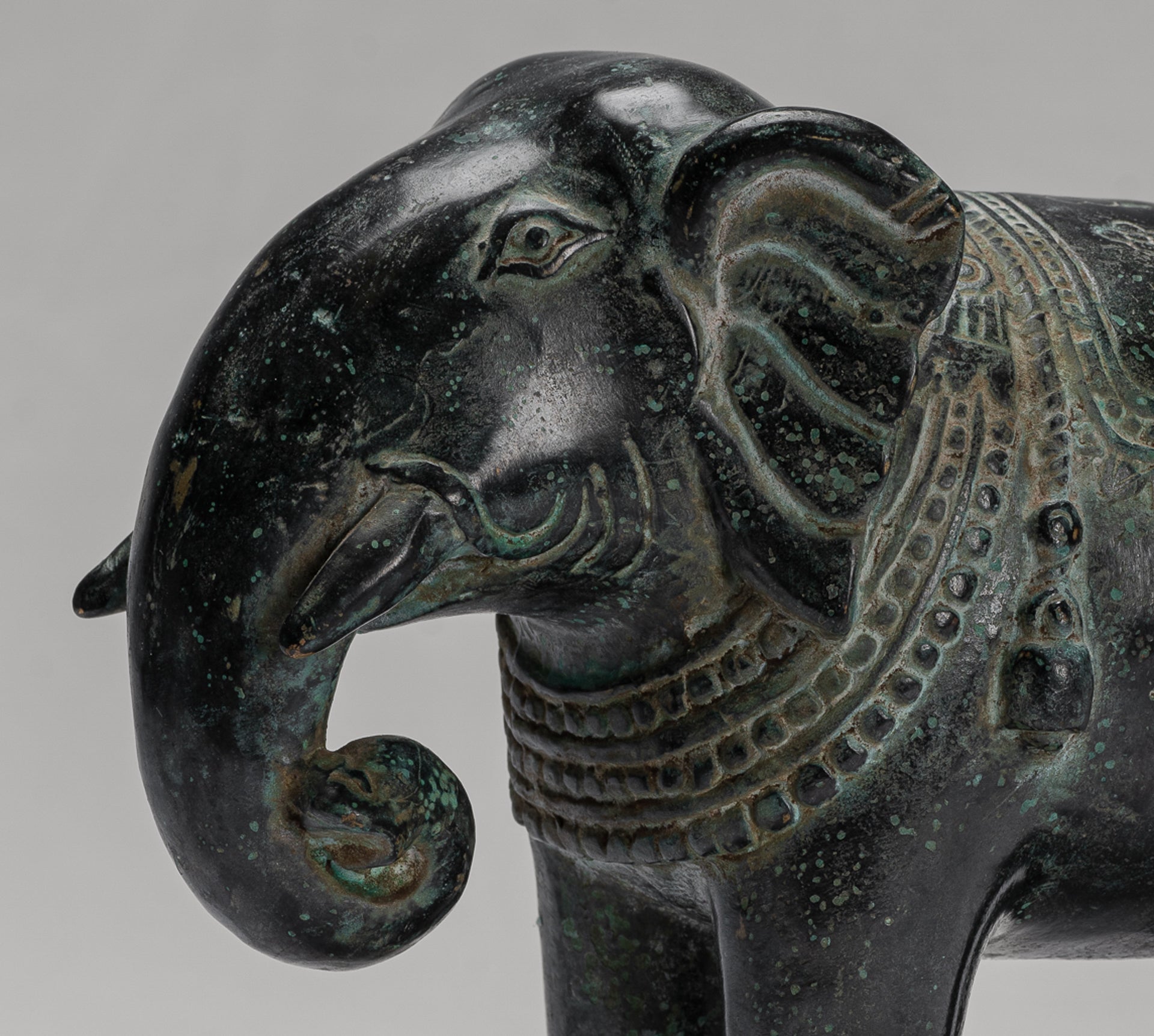 Antique Khmer Style Standing Bronze Elephant Statue - 17cm/7" Tall