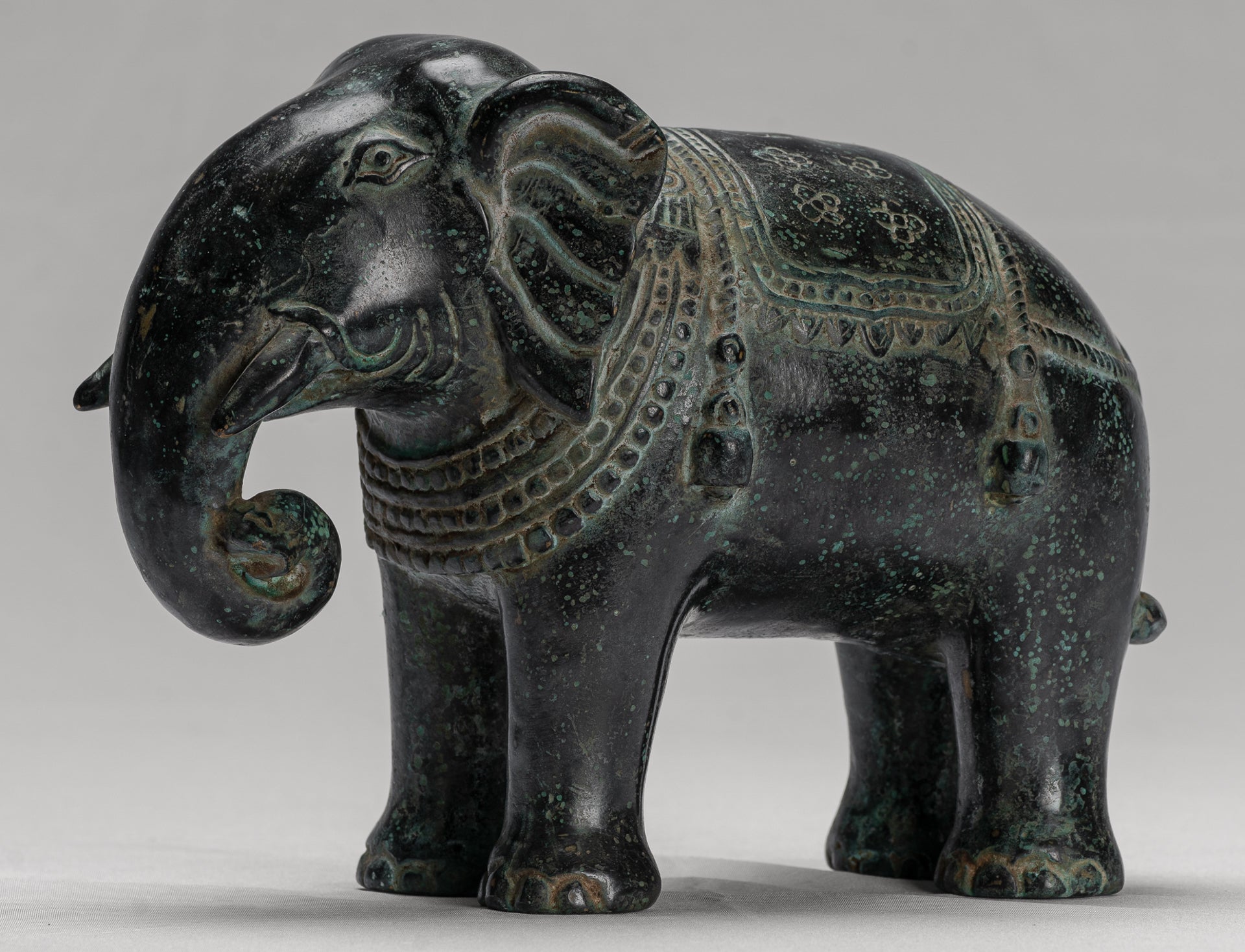 Antique Khmer Style Standing Bronze Elephant Statue - 17cm/7" Tall