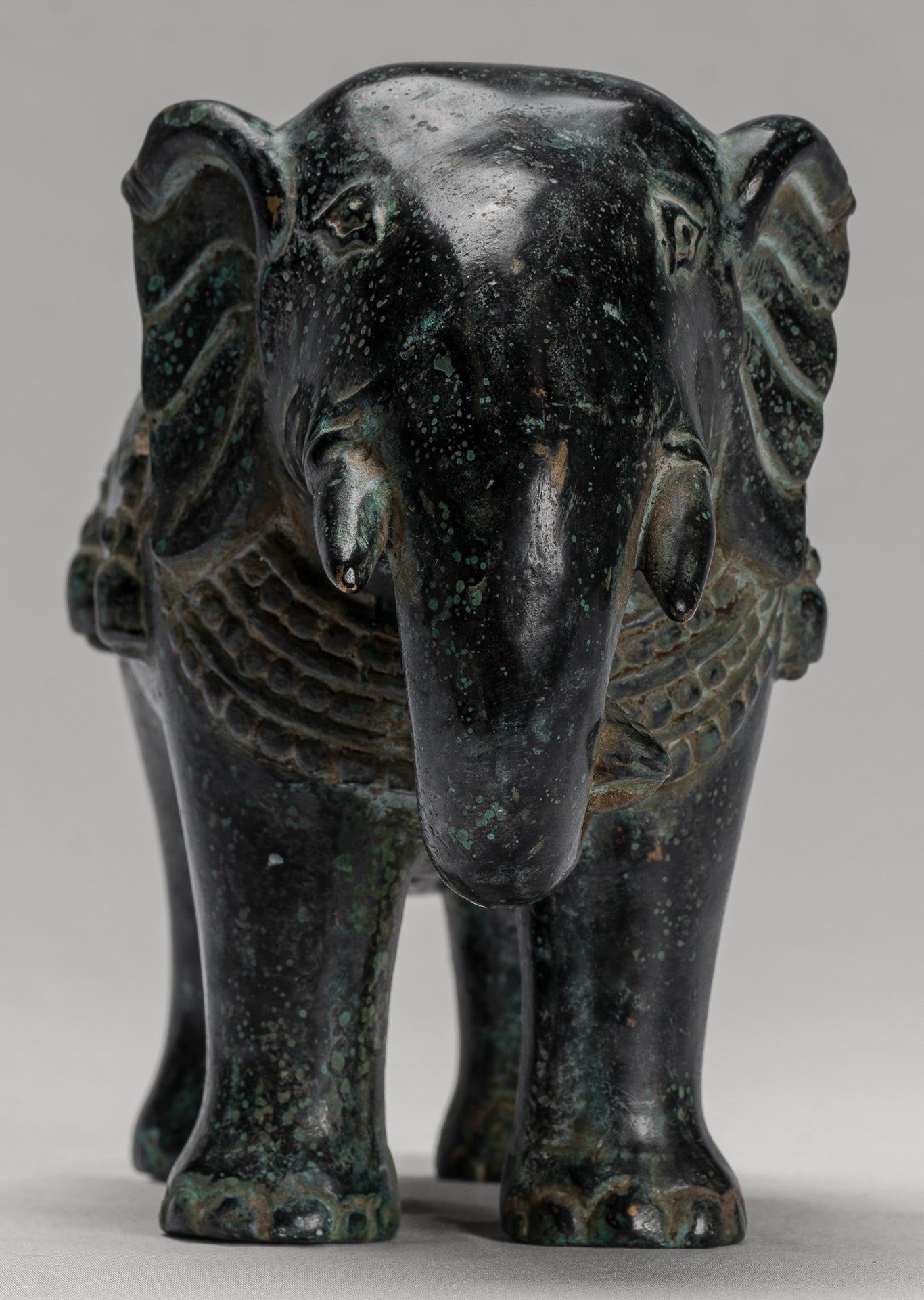 Antique Khmer Style Standing Bronze Elephant Statue - 17cm/7" Tall