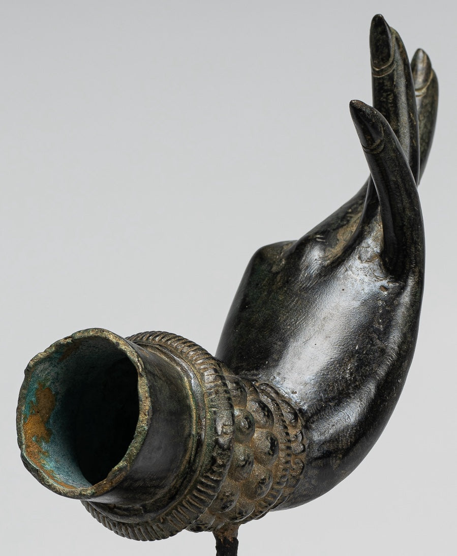 Mounted Antique Thai Style Southeast Asia Bronze Thai Teaching Hand - 24cm/10"