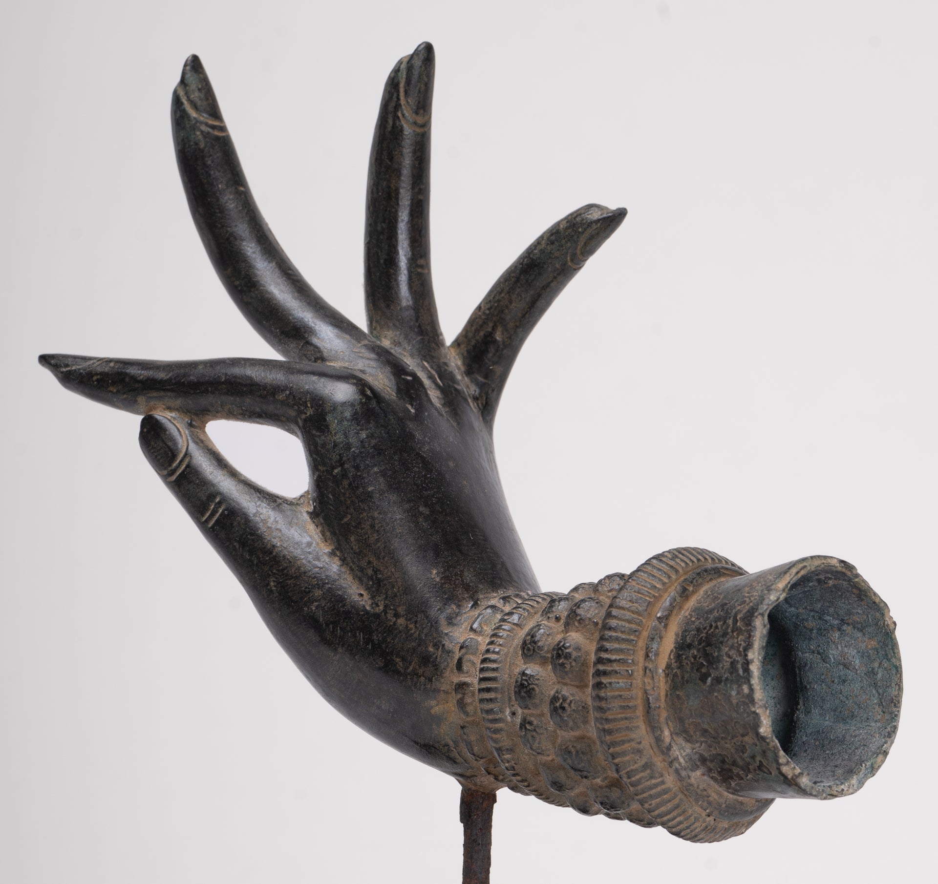 Mounted Antique Thai Style Southeast Asia Bronze Thai Teaching Hand - 24cm/10"