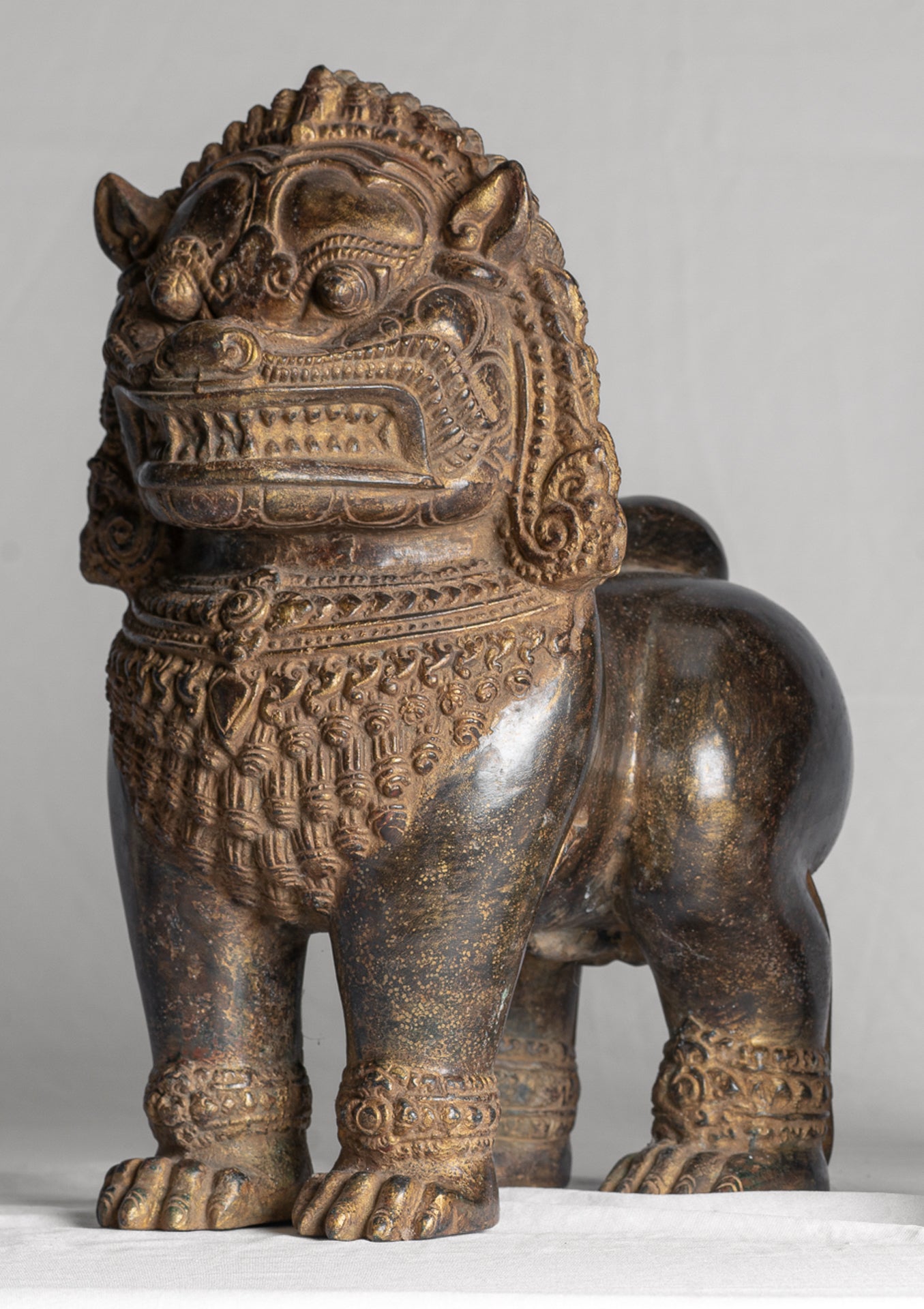 Temple Lion - Antique Khmer Style Bronze Standing Temple Guardian or Lion - 31cm/12" (Pair)