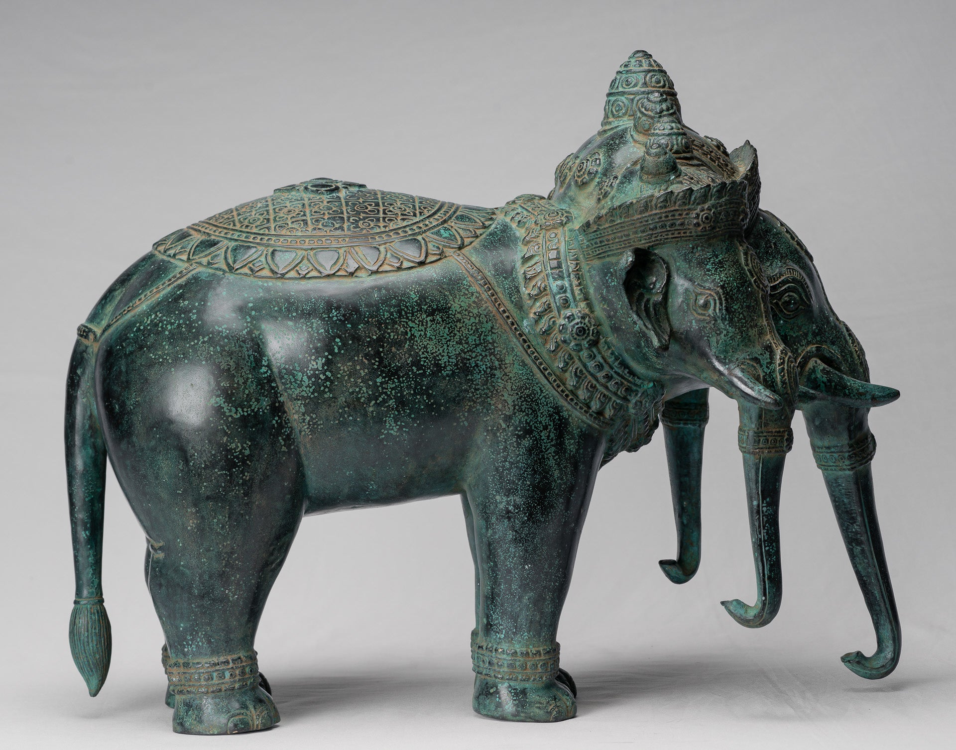 Antique Khmer Style Bronze Erawan Airavata or Elephant Statue - 44cm/18" Tall