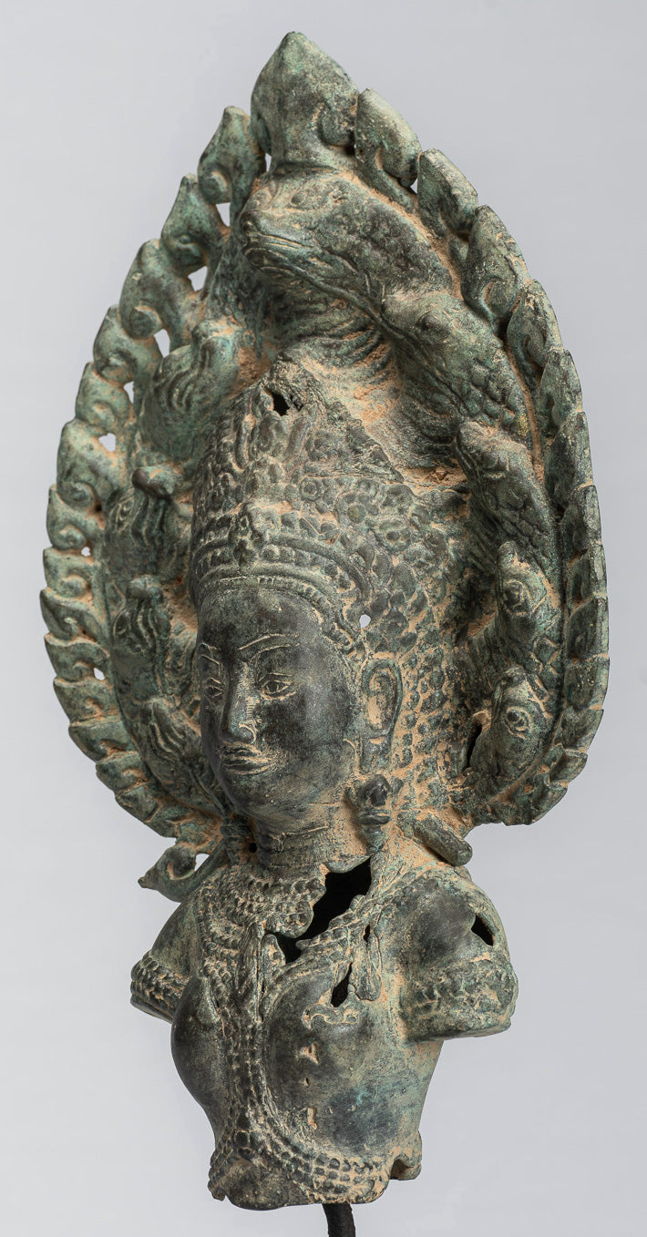 Apsara - Antique Khmer Style Bronze Angkor Wat Apsara & Naga Statue - 36 cm/14 "