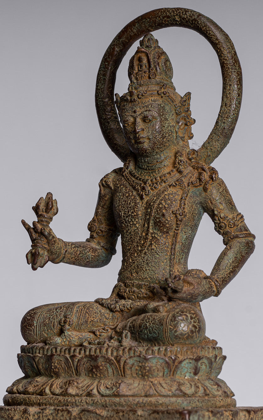 Tara Statue - Antique Java Style Majapahit Seated Bronze Devi Vajra Tara Statue - 25cm/10"