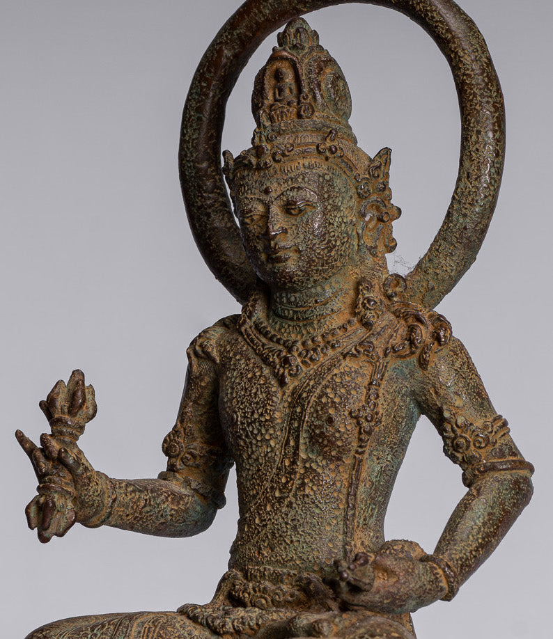 Tara Statue - Antique Java Style Majapahit Seated Bronze Devi Vajra Tara Statue - 25cm/10"