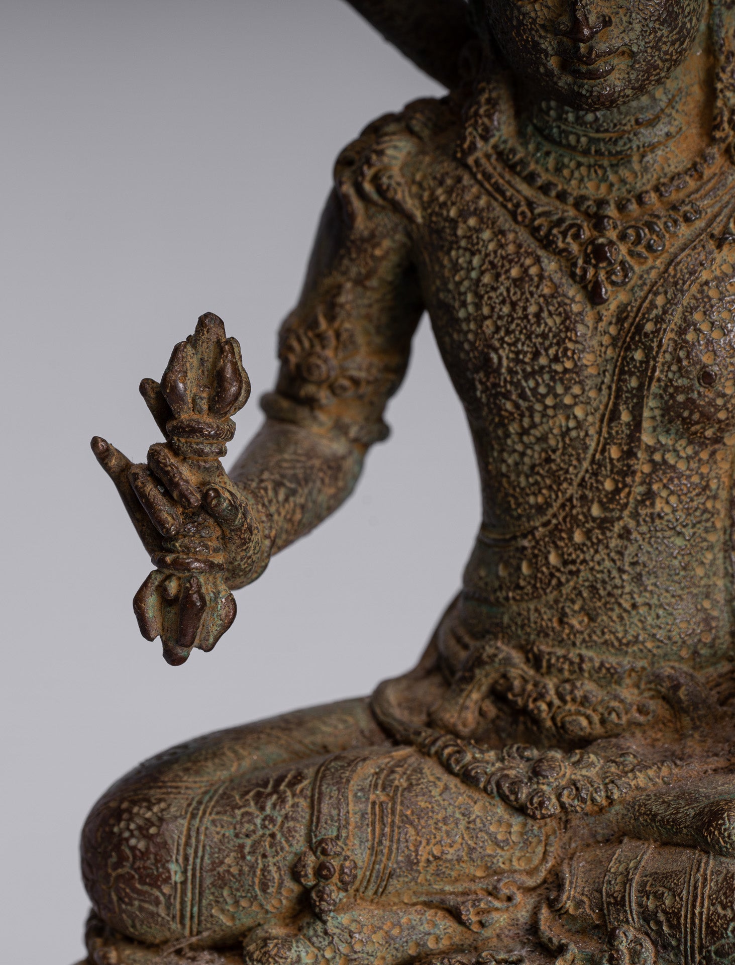 Tara Statue - Antique Java Style Majapahit Seated Bronze Devi Vajra Tara Statue - 25cm/10"