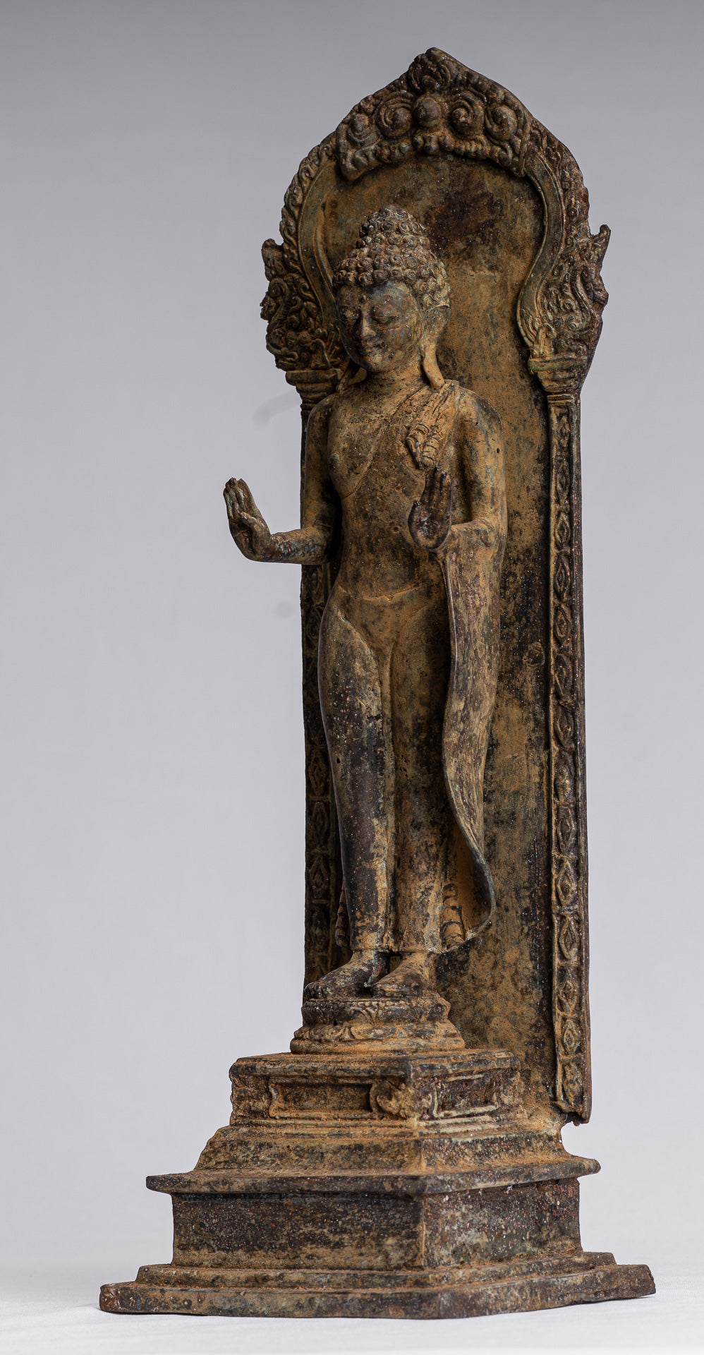 Statue Buddha - Antique stile indonesiano in piedi bronzo giavanese protezione Buddha - 37 cm/15 "