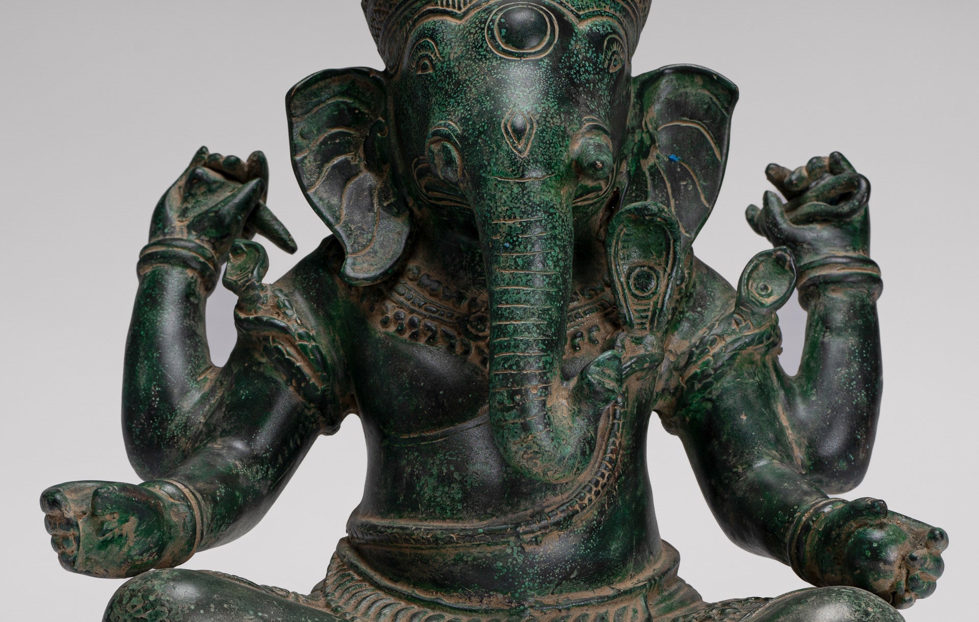 Ganesh Statue - Antique Khmer Style Seated Bronze Ganesha Statue - 29cm/12"