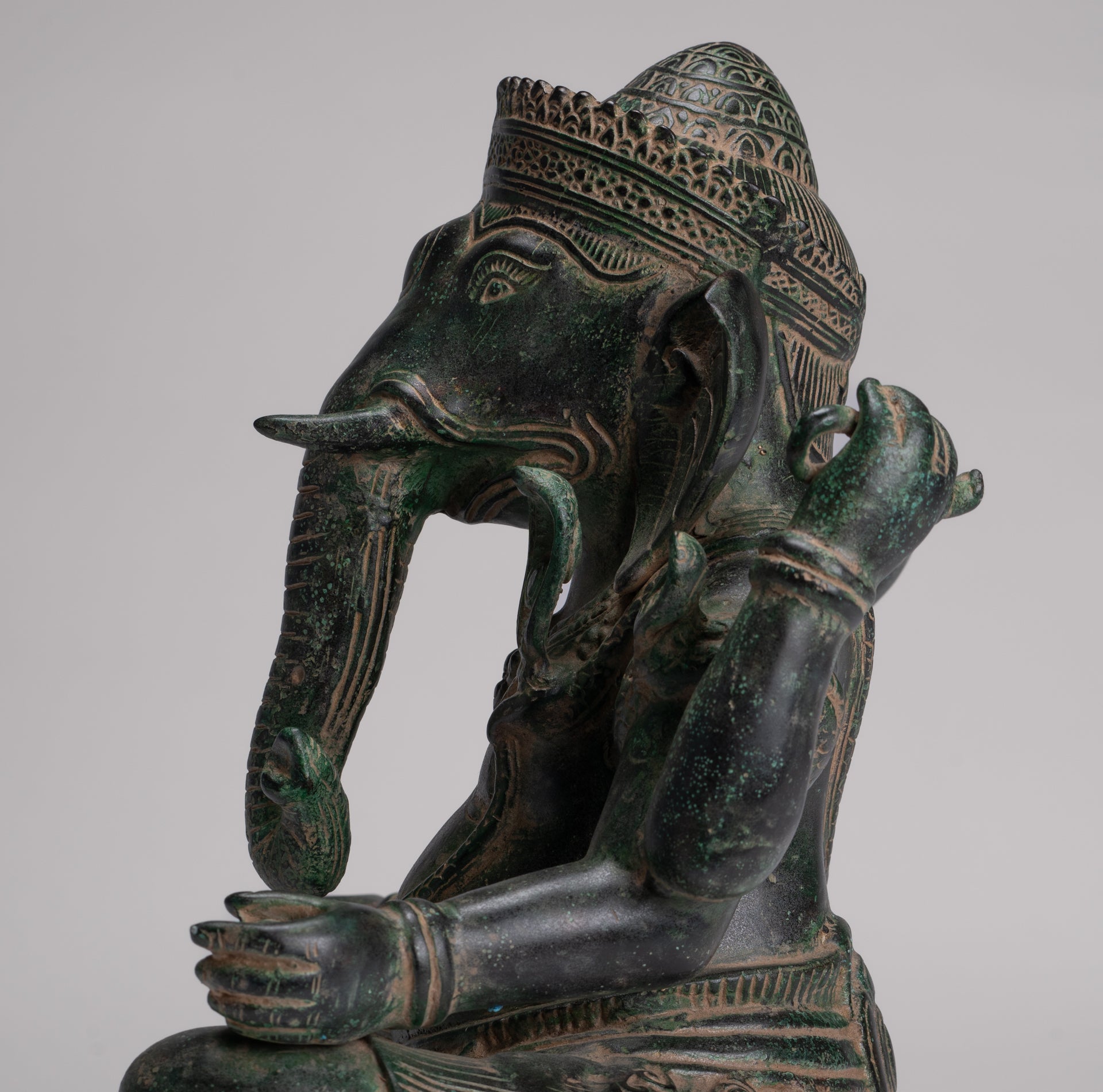 Ganesh Statue - Antique Khmer Style Seated Bronze Ganesha Statue - 29cm/12"