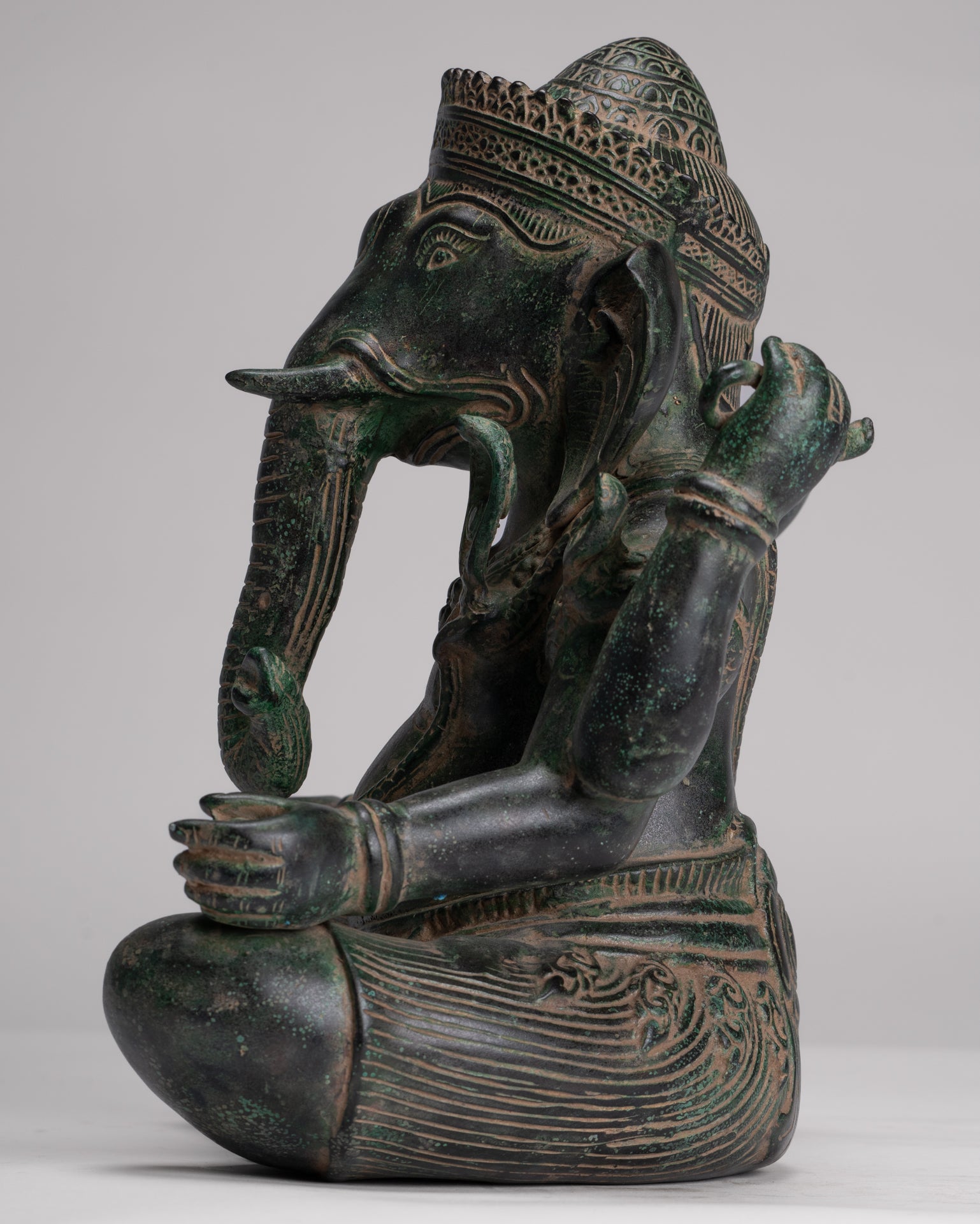 Ganesh Statue - Antique Khmer Style Seated Bronze Ganesha Statue - 29cm/12"
