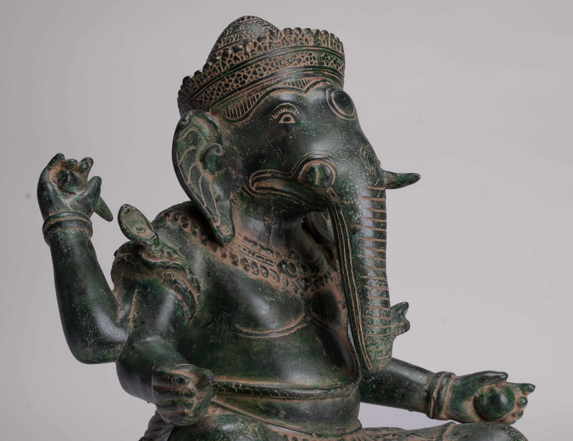 Ganesh Statue - Antique Khmer Style Seated Bronze Ganesha Statue - 29cm/12"