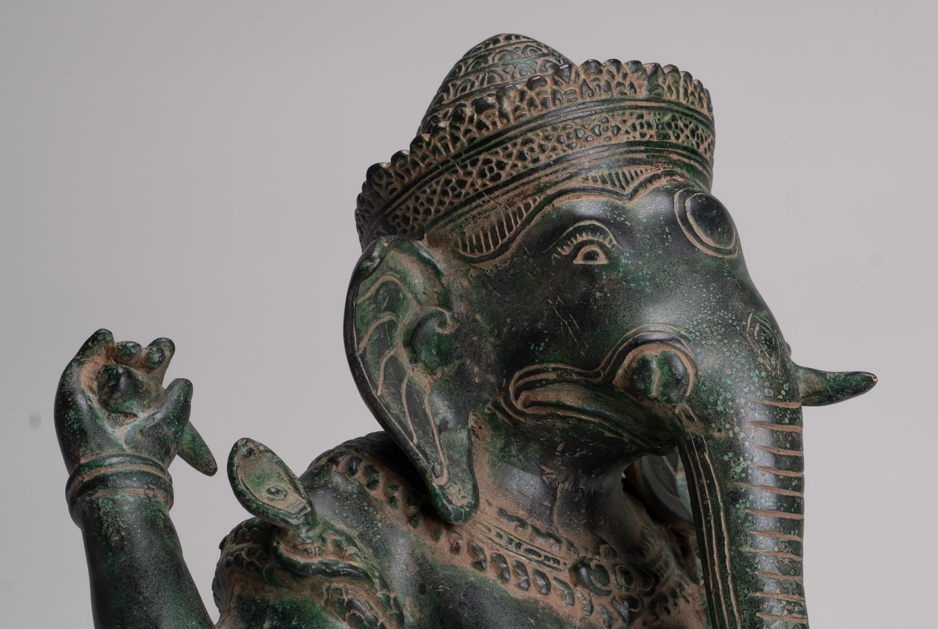 Ganesh Statue - Antique Khmer Style Seated Bronze Ganesha Statue - 29cm/12"