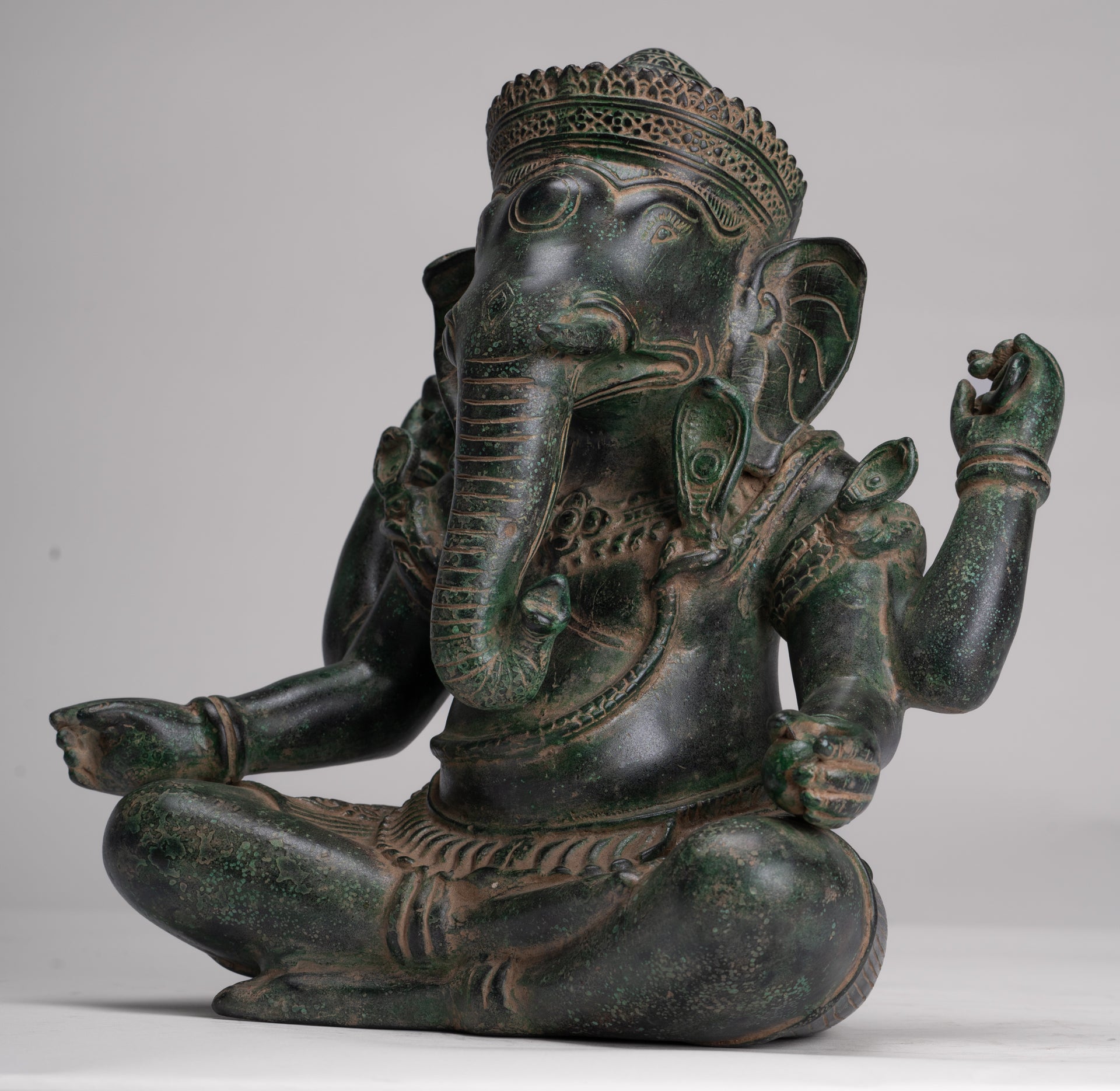 Ganesh Statue - Antique Khmer Style Seated Bronze Ganesha Statue - 29cm/12"