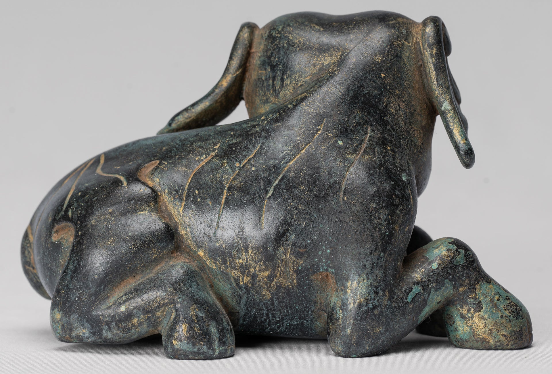 Antique Khmer Style Laying Down Bronze Elephant Statue - 12cm/5" Tall