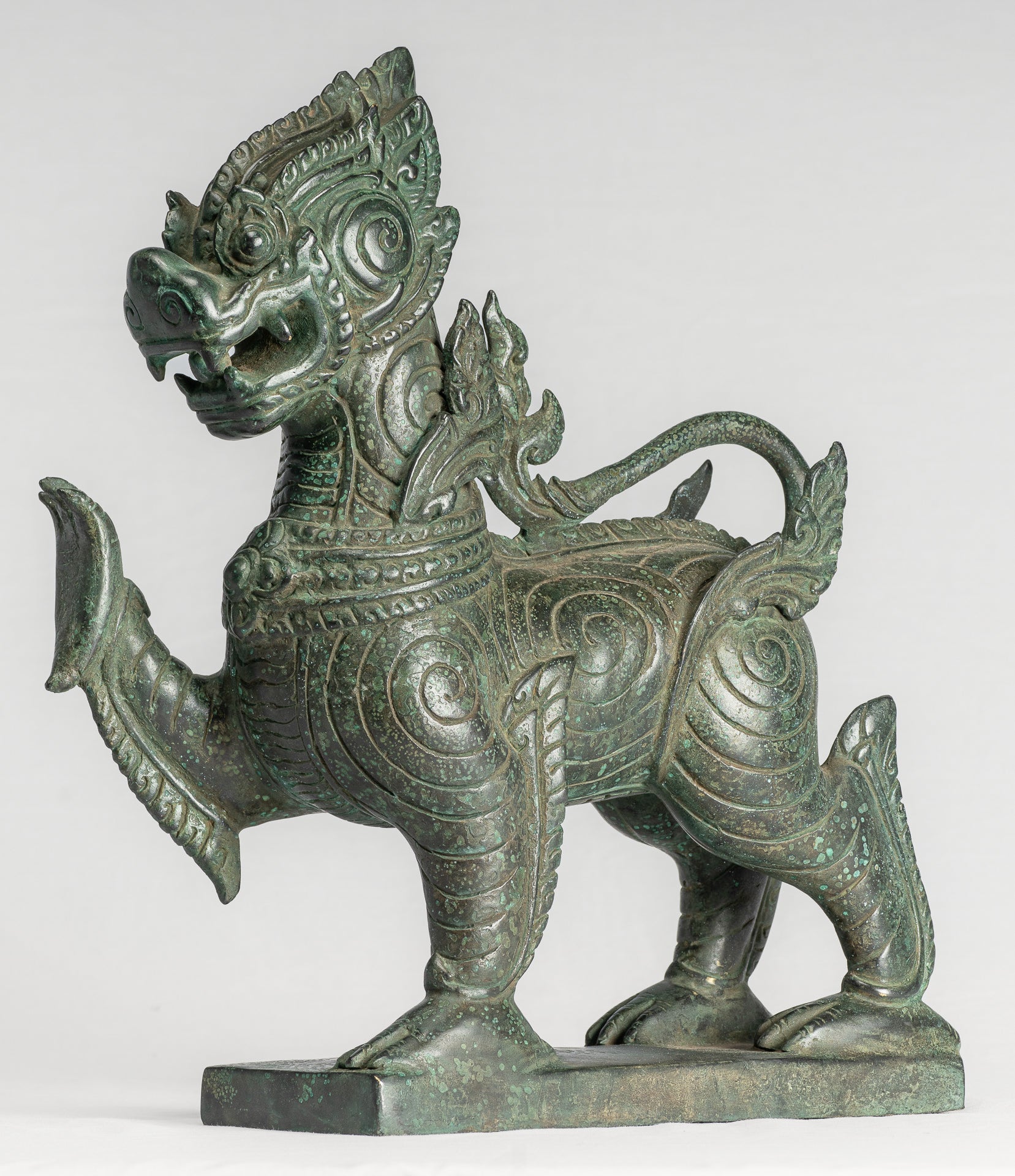 Antique Burmese Style Bronze Standing Chinthe Guardian Temple Lion - 36cm/14"