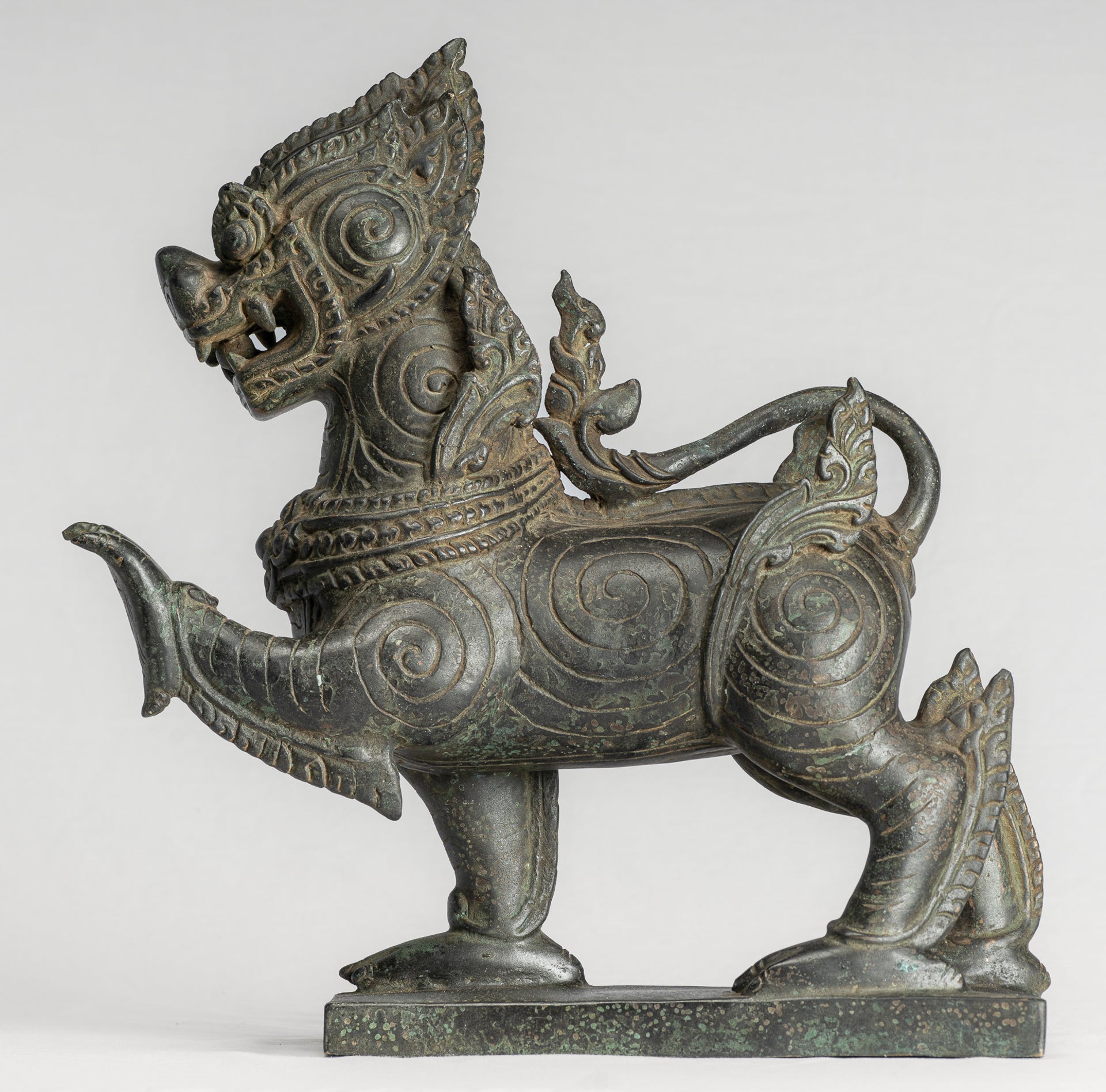Antique Burmese Style Bronze Standing Chinthe Guardian Temple Lion - 36cm/14"