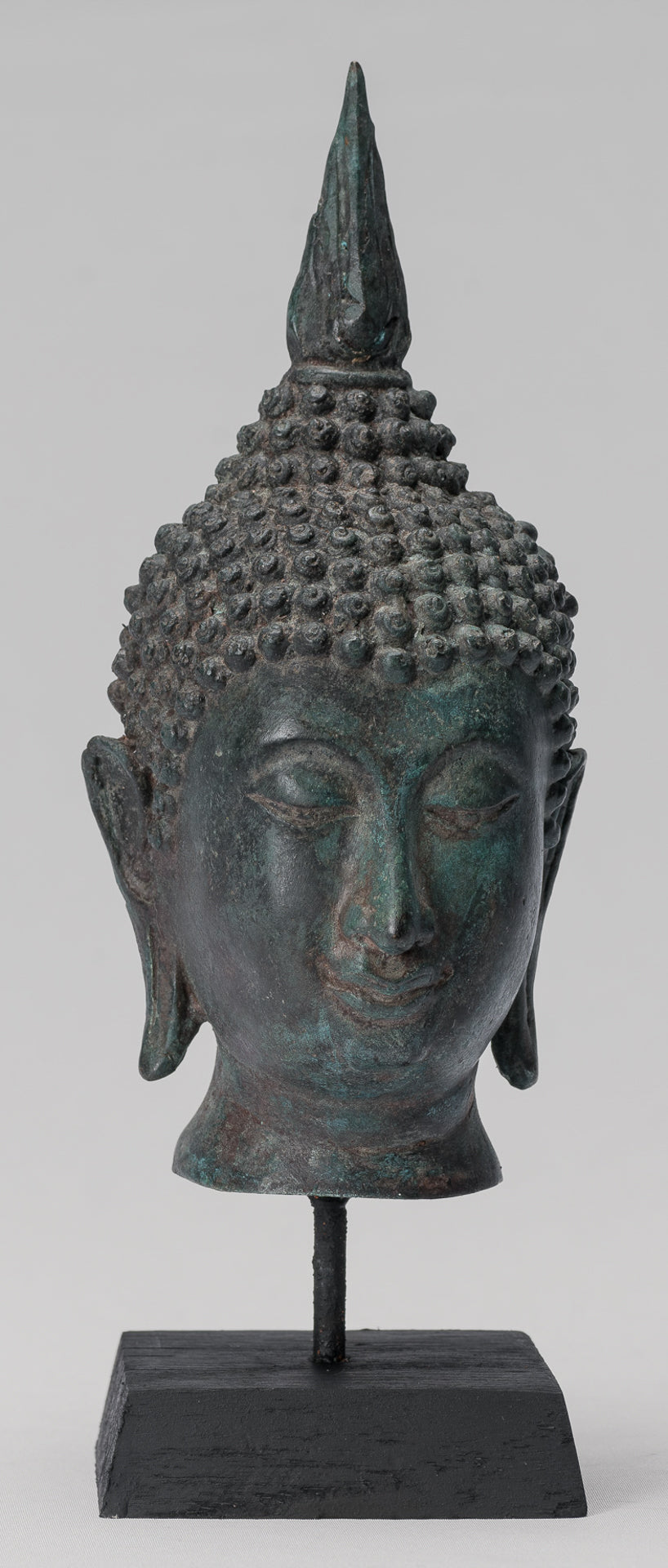 Buddha Head - Antique Thai Style Sukhothai Mounted Bronze Buddha Head - 22cm/9"