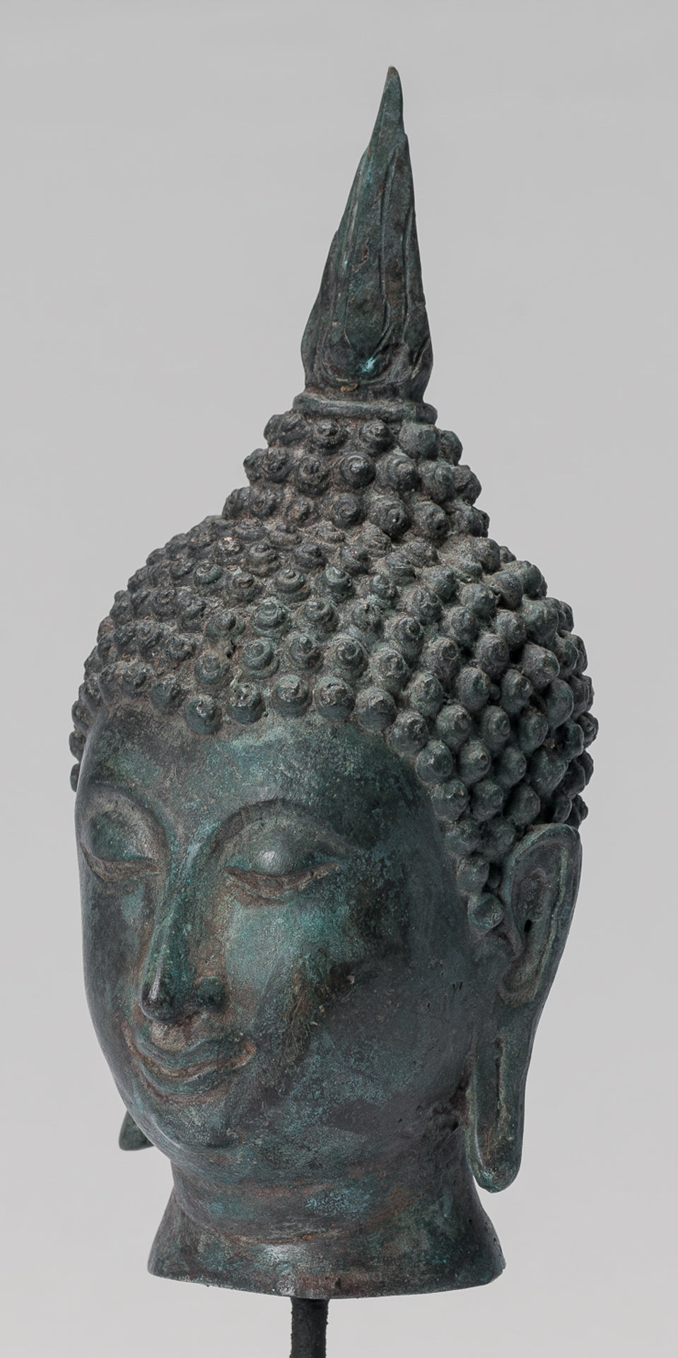 Buddha Head - Antique Thai Style Sukhothai Mounted Bronze Buddha Head - 22cm/9"