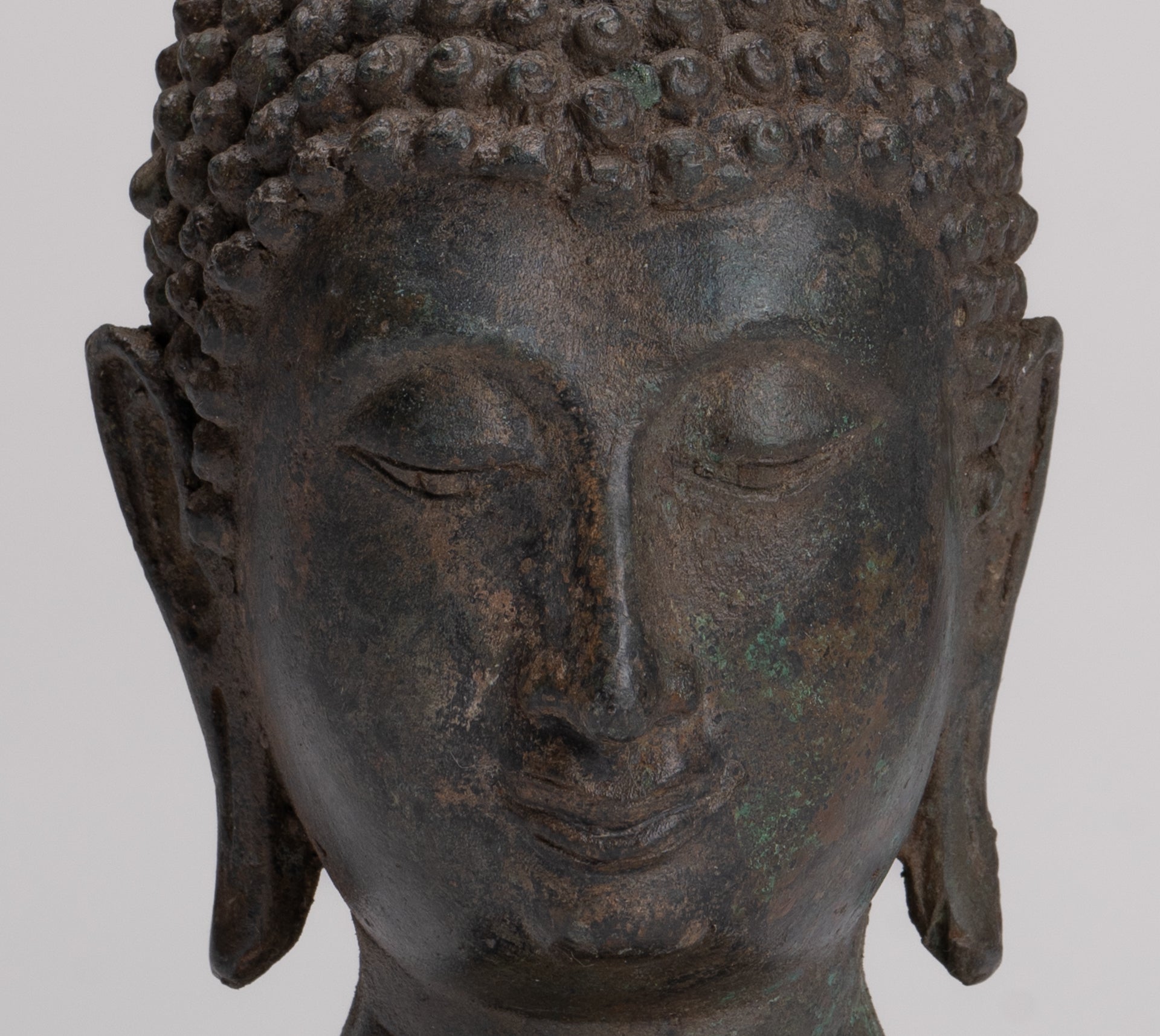 Buddha Head - Antique Thai Style Sukhothai Mounted Bronze Buddha Head - 22cm/9"
