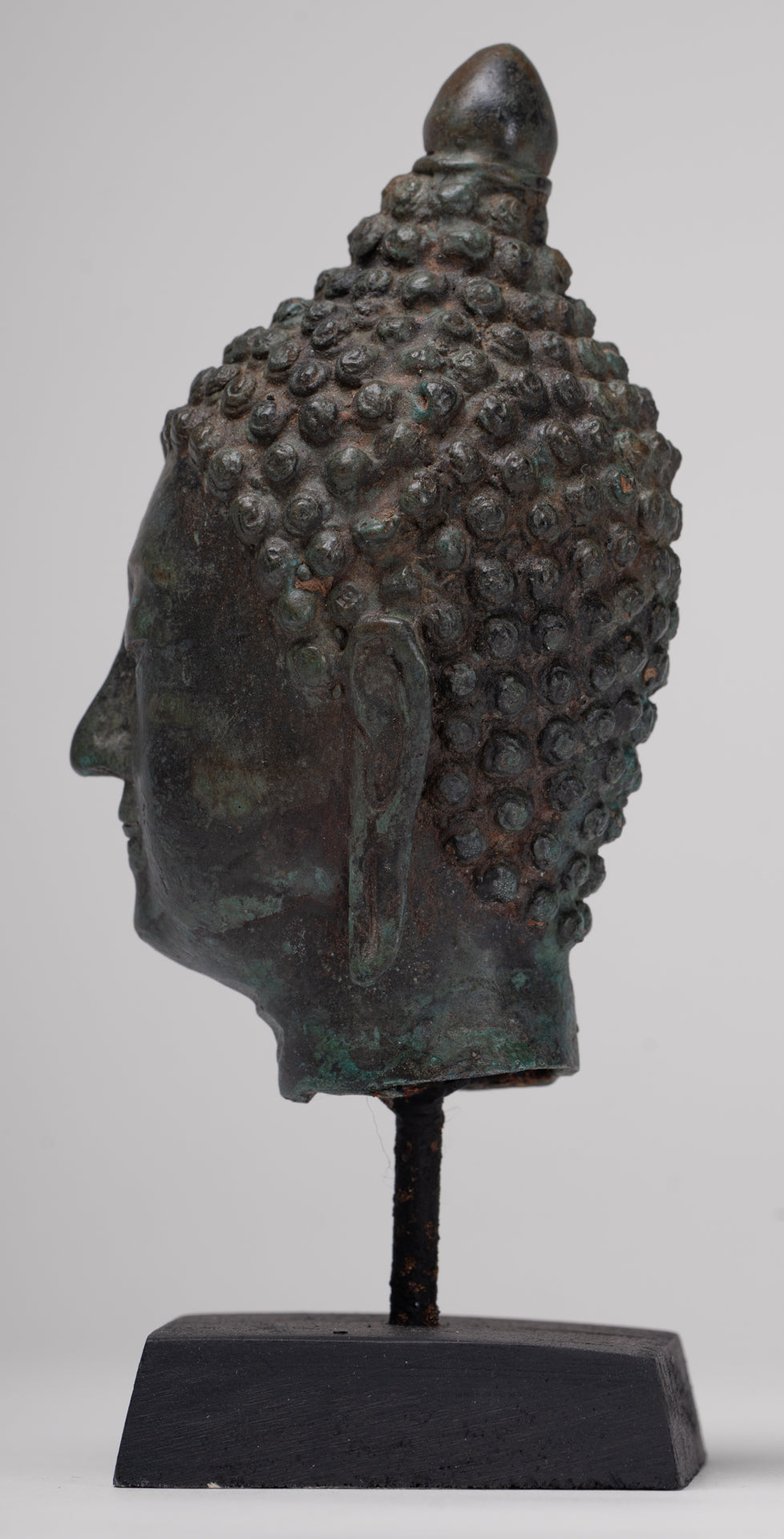 Buddha Head - Antique Thai Style Chiang Saen Mounted Bronze Buddha Head - 19cm/8"