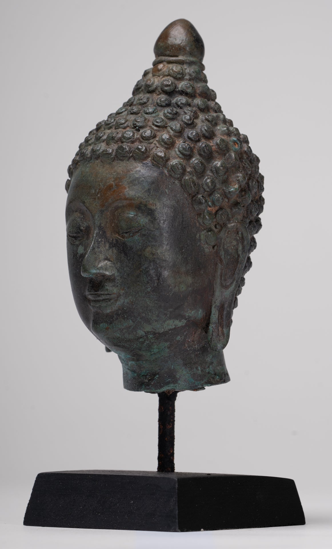 Buddha Head - Antique Thai Style Chiang Saen Mounted Bronze Buddha Head - 19cm/8"