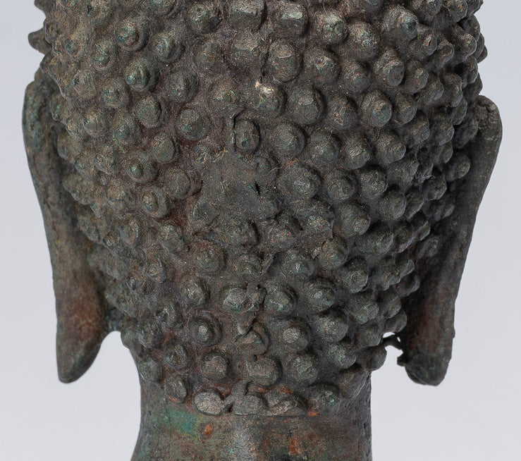 Buddha Head - Antique Thai Style Chiang Saen Mounted Bronze Buddha Head - 16cm/6"
