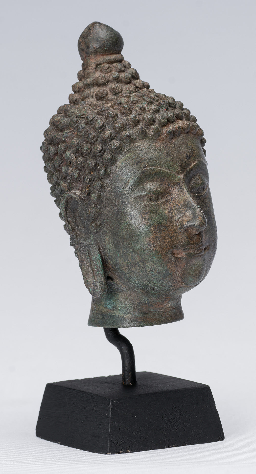 Buddha Head - Antique Thai Style Chiang Saen Mounted Bronze Buddha Head - 16cm/6"