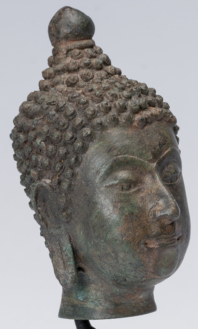 Buddha Head - Antique Thai Style Chiang Saen Mounted Bronze Buddha Head - 16cm/6"