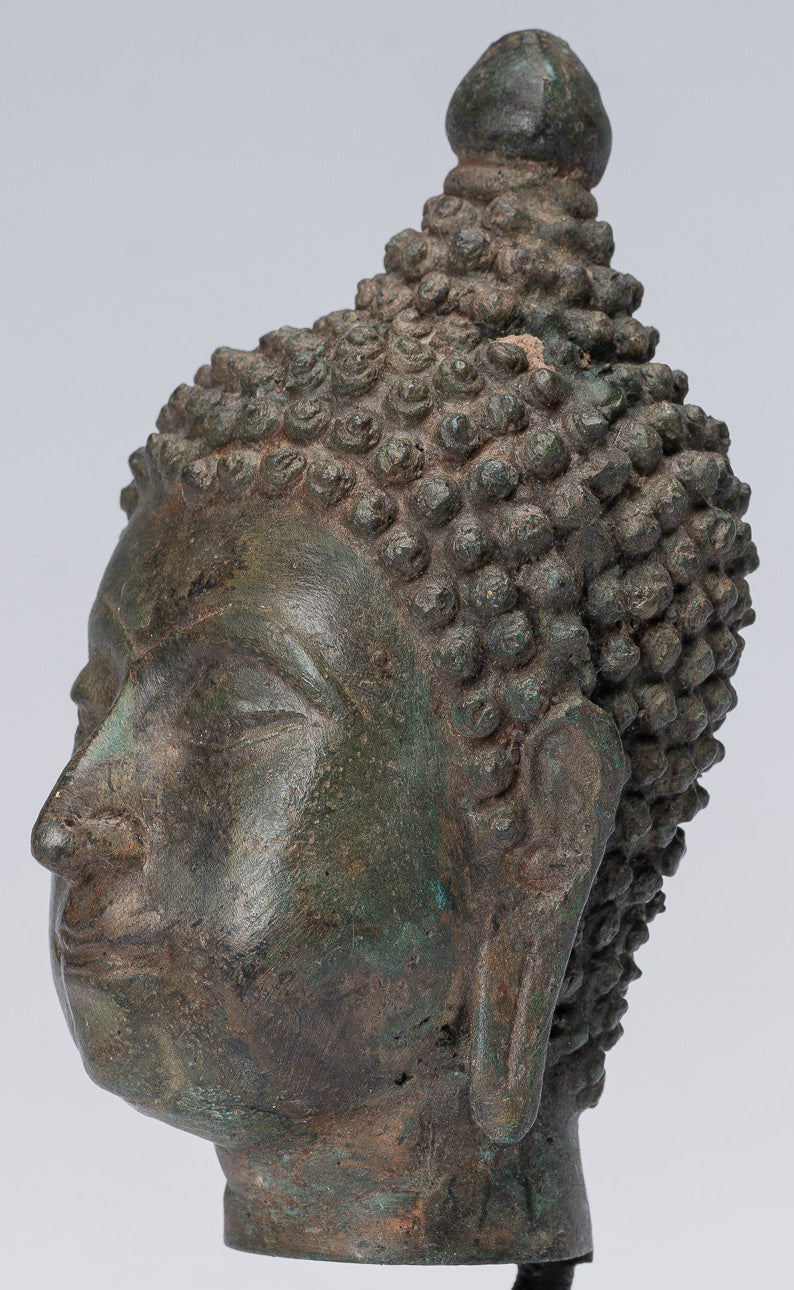 Buddha Head - Antique Thai Style Chiang Saen Mounted Bronze Buddha Head - 16cm/6"