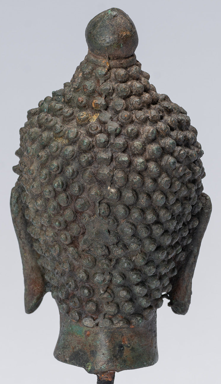 Buddha Head - Antique Thai Style Chiang Saen Mounted Bronze Buddha Head - 16cm/6"
