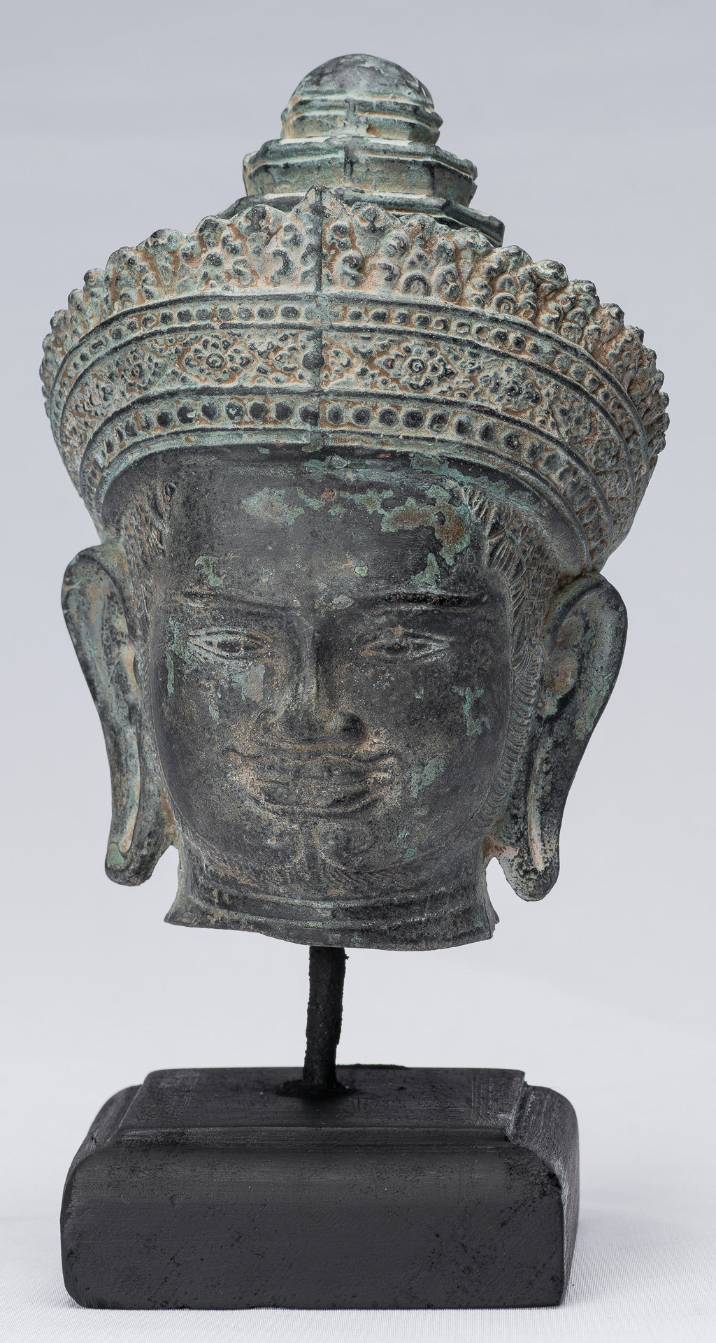Vishnu Statue - Antique Banteay Srei Style Bronze Mounted Khmer Vishnu Head - 24cm / 10"
