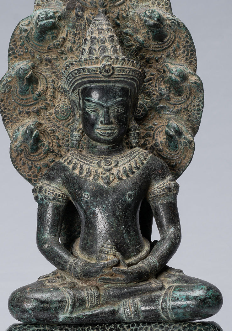 Statue de Bouddha – Bouddha de méditation Naga assis en bronze de style Bayon antique khmer – 57 cm/23"