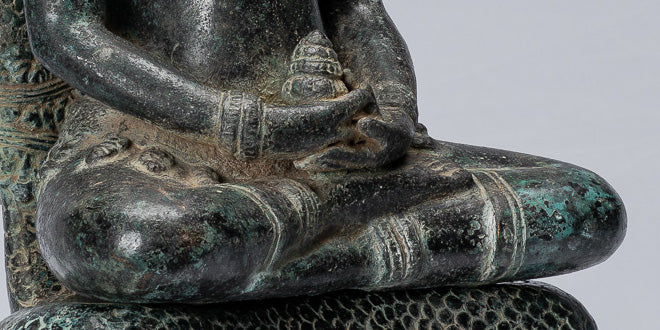 Statue de Bouddha – Bouddha de méditation Naga assis en bronze de style Bayon antique khmer – 57 cm/23"