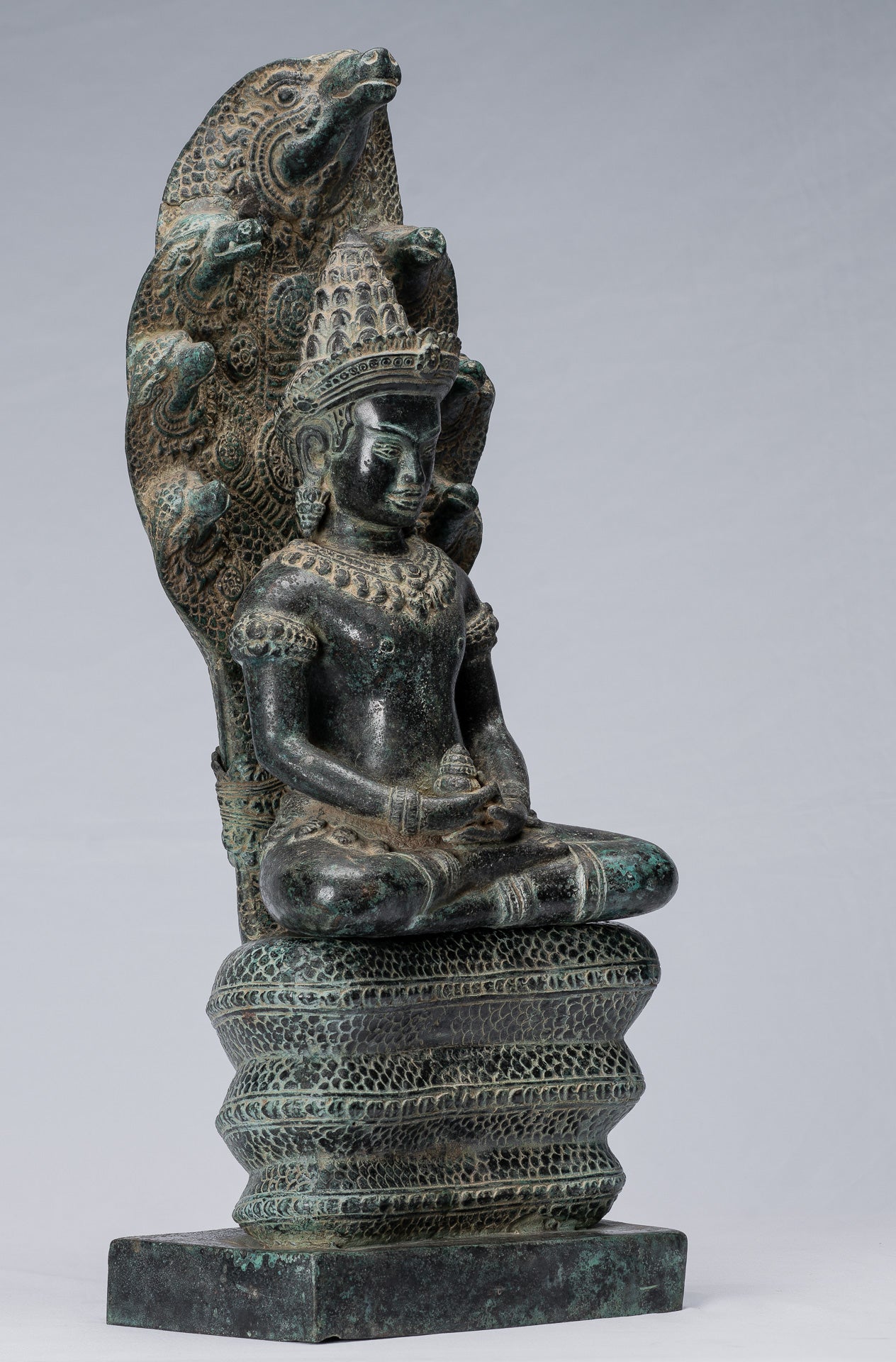 Statue de Bouddha – Bouddha de méditation Naga assis en bronze de style Bayon antique khmer – 57 cm/23"