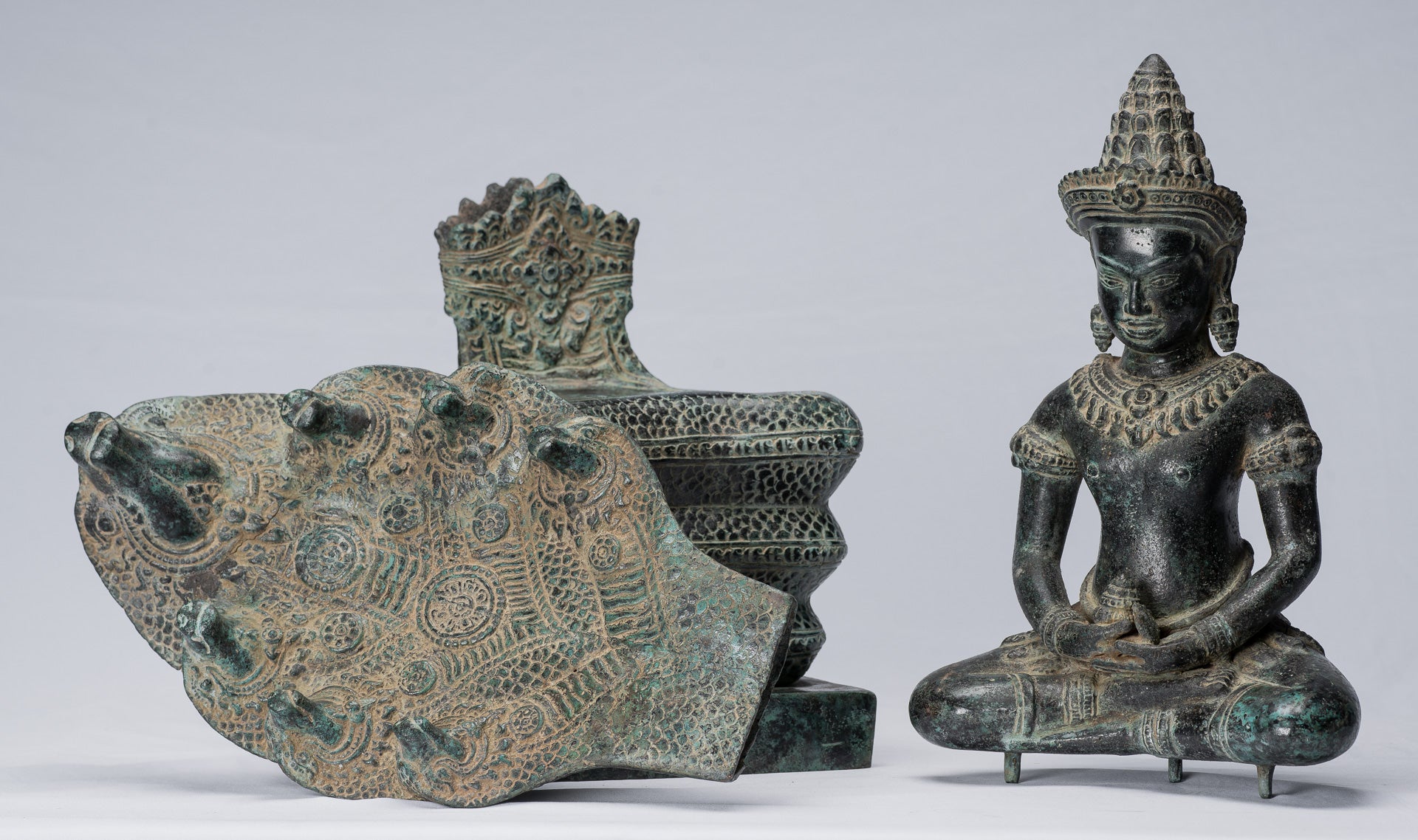 Statue de Bouddha – Bouddha de méditation Naga assis en bronze de style Bayon antique khmer – 57 cm/23"