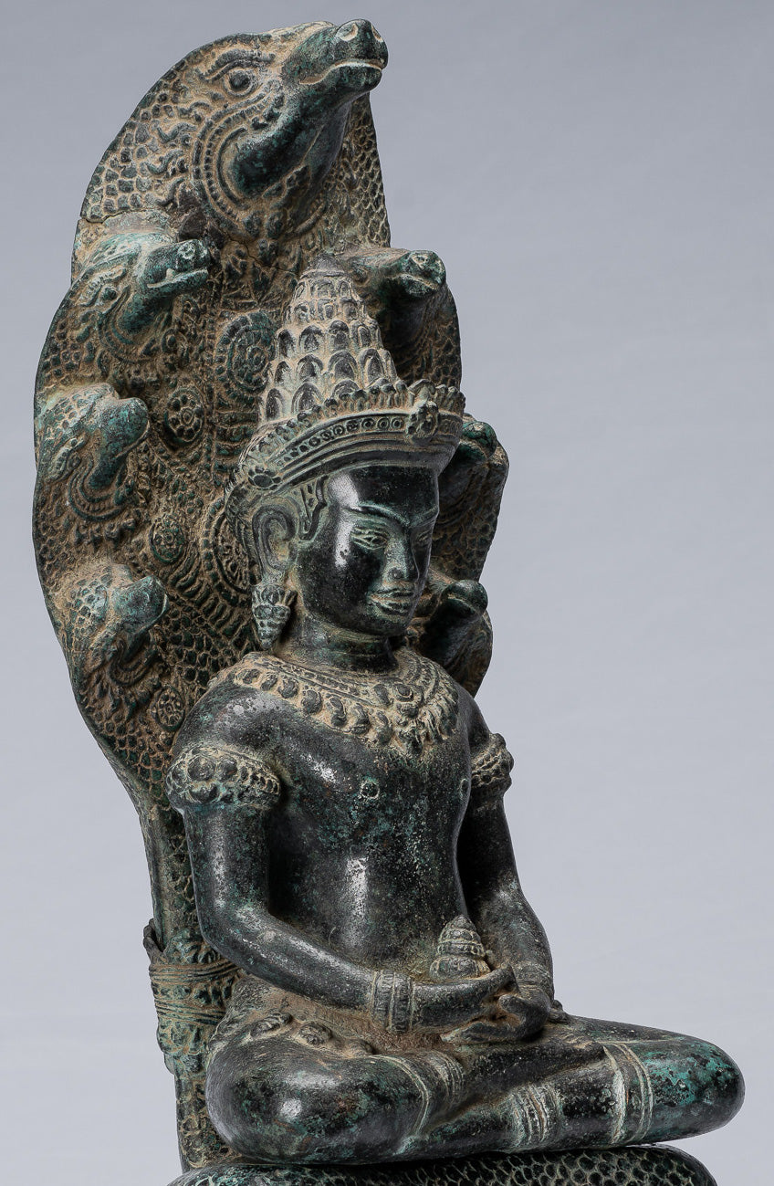 Statue de Bouddha – Bouddha de méditation Naga assis en bronze de style Bayon antique khmer – 57 cm/23"