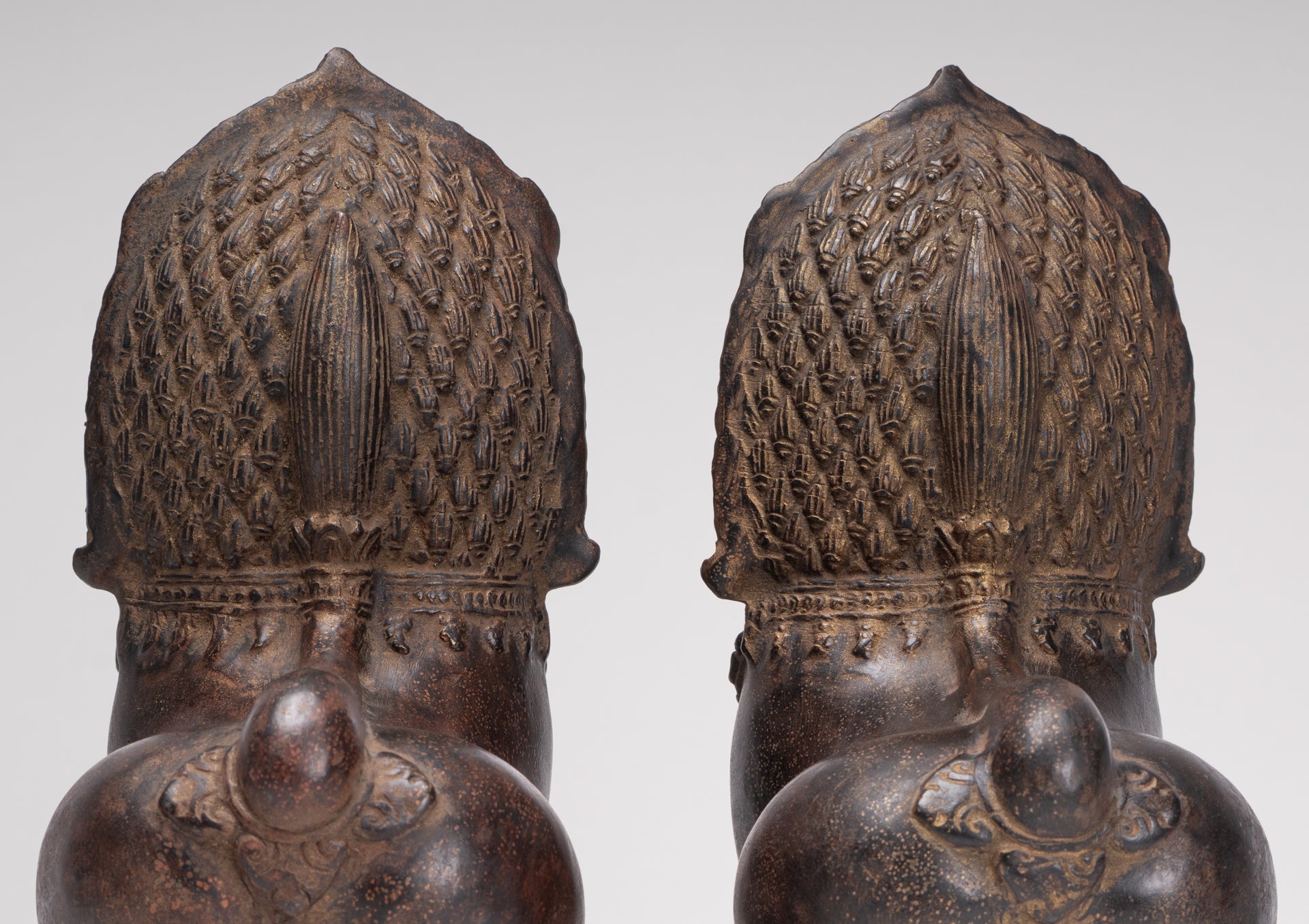 Temple Lions - Antique Khmer Style Bronze Standing Temple Guardian or Lions (Pair) - 27cm/11"