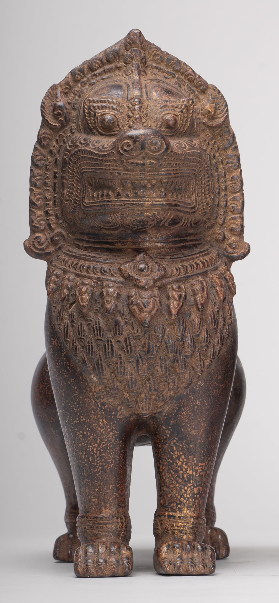 Temple Lions - Antique Khmer Style Bronze Standing Temple Guardian or Lions (Pair) - 27cm/11"
