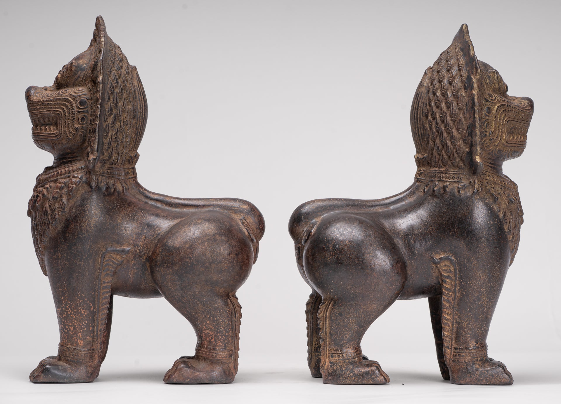 Temple Lions - Antique Khmer Style Bronze Standing Temple Guardian or Lions (Pair) - 27cm/11"
