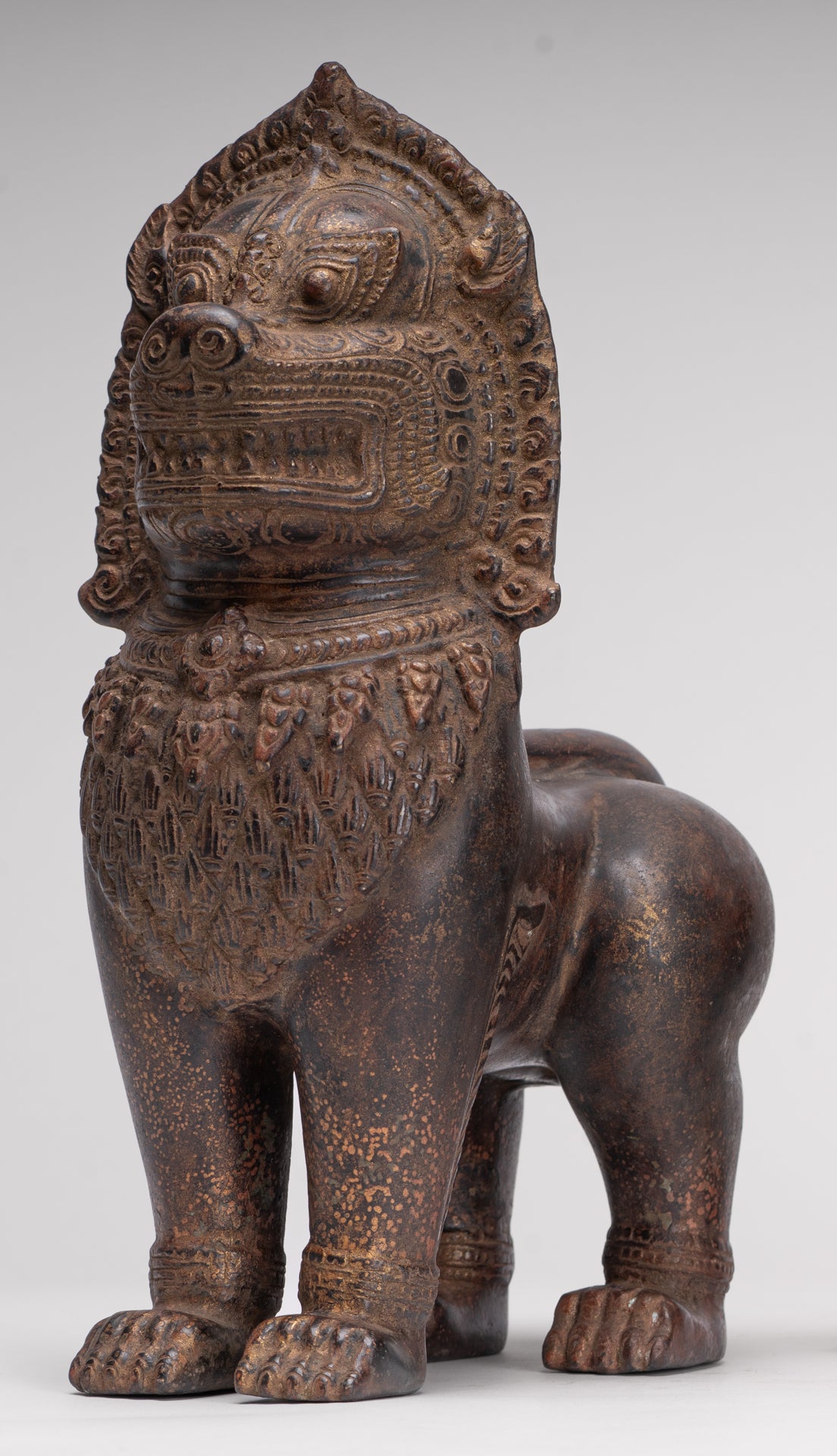 Temple Lions - Antique Khmer Style Bronze Standing Temple Guardian or Lions (Pair) - 27cm/11"