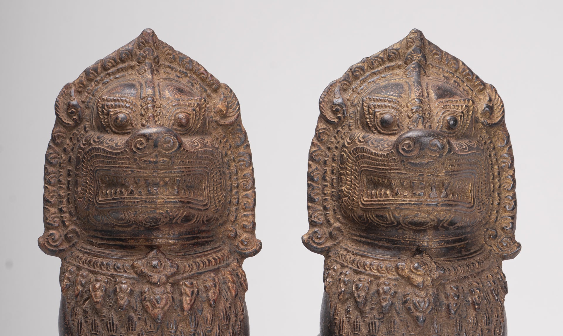 Temple Lions - Antique Khmer Style Bronze Standing Temple Guardian or Lions (Pair) - 27cm/11"