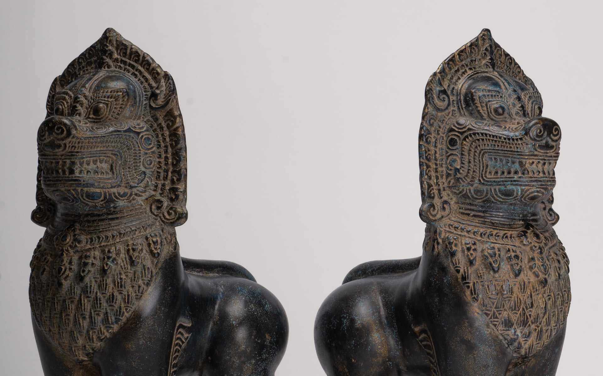 Temple Lions - Antique Khmer Style Bronze Standing Temple Guardian or Lions (Pair) - 27cm/11"