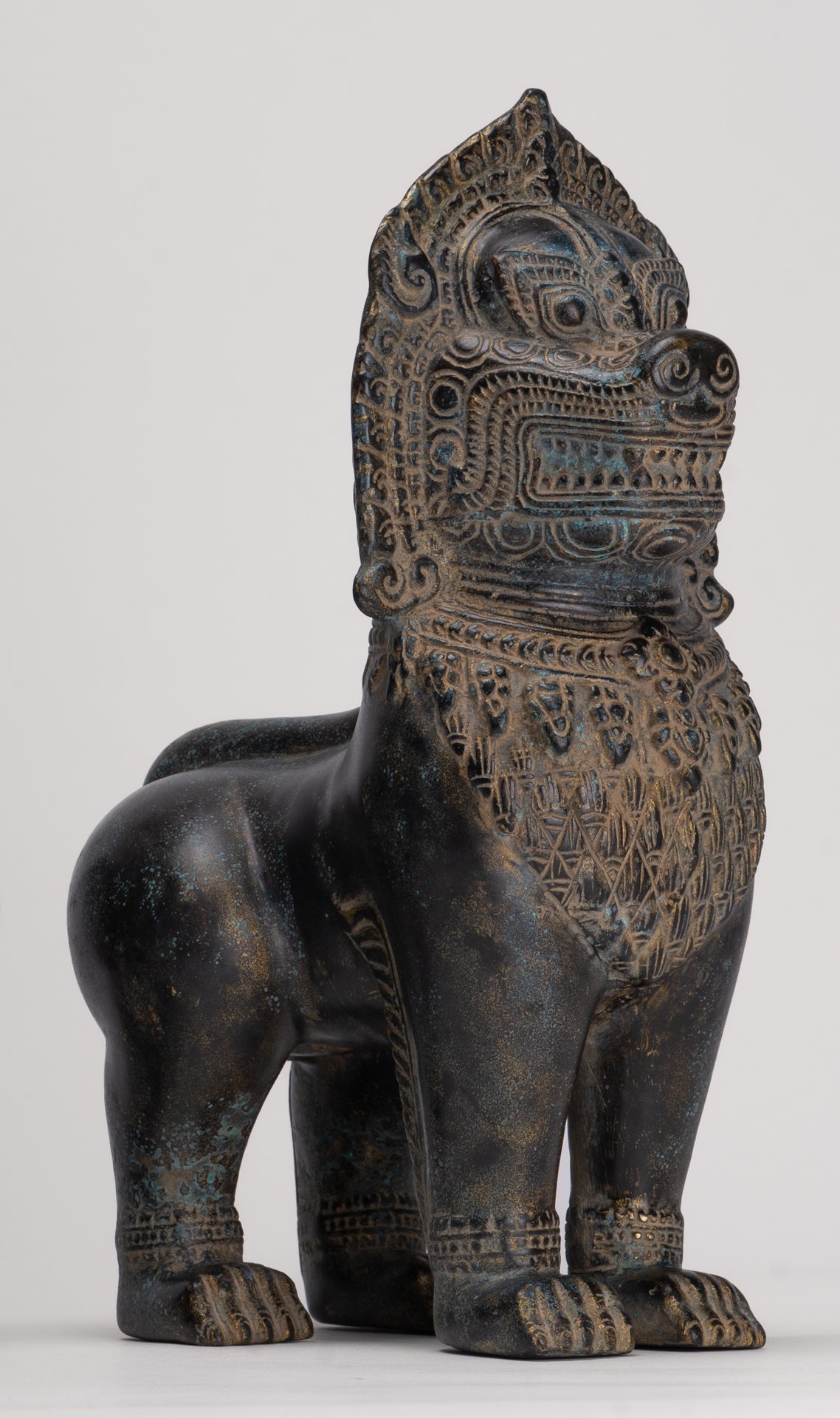 Temple Lions - Antique Khmer Style Bronze Standing Temple Guardian or Lions (Pair) - 27cm/11"