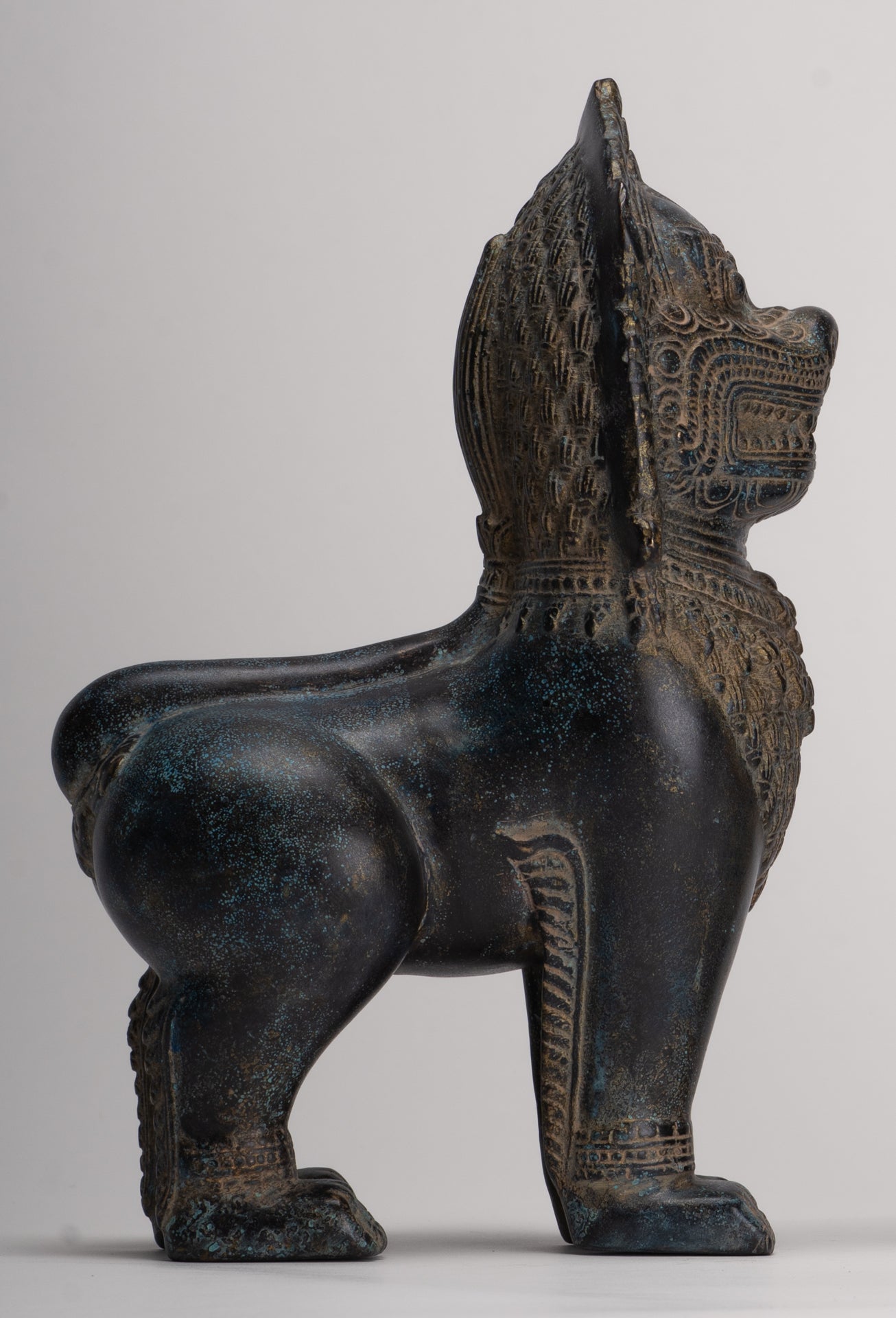 Temple Lions - Antique Khmer Style Bronze Standing Temple Guardian or Lions (Pair) - 27cm/11"