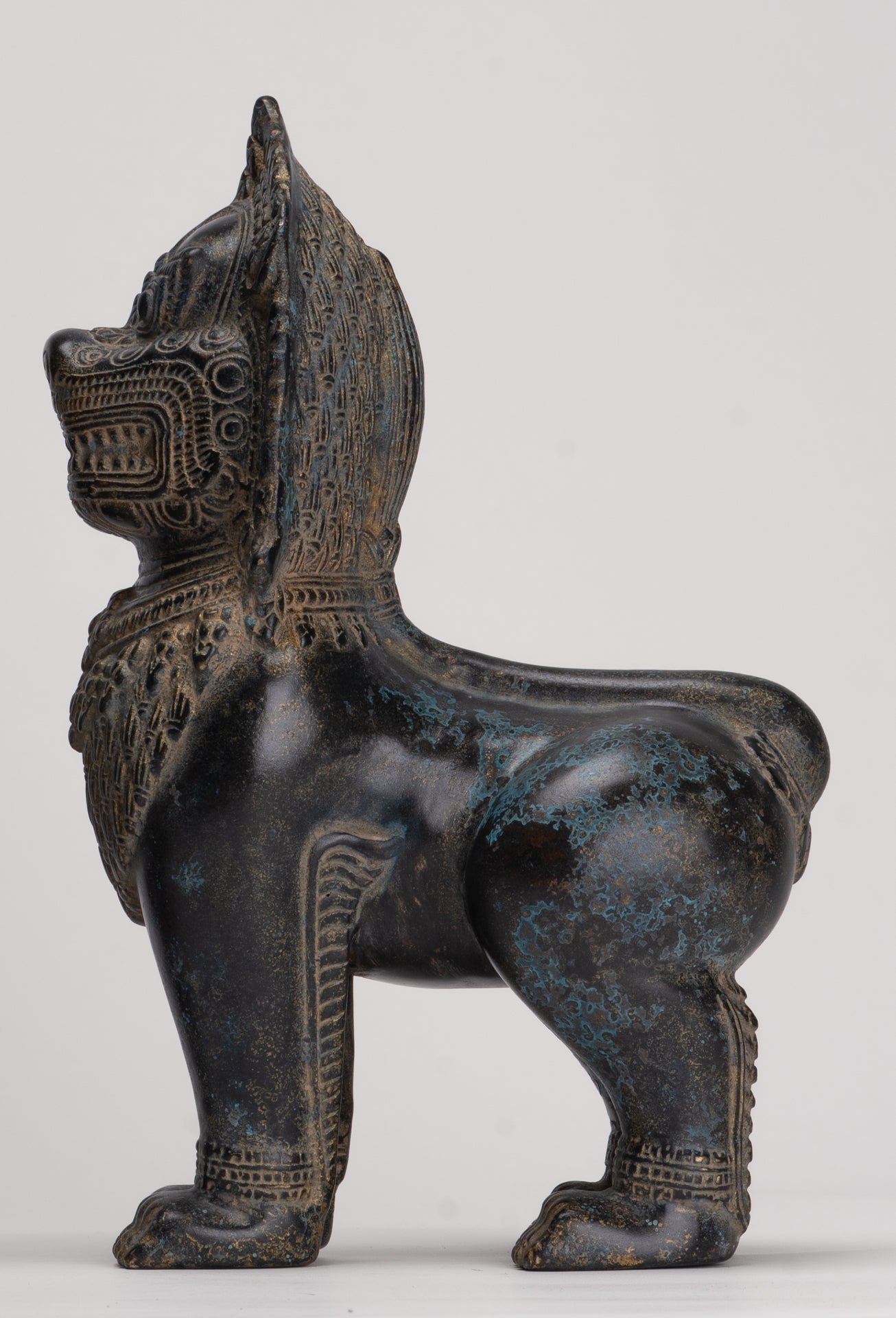 Temple Lions - Antique Khmer Style Bronze Standing Temple Guardian or Lions (Pair) - 27cm/11"