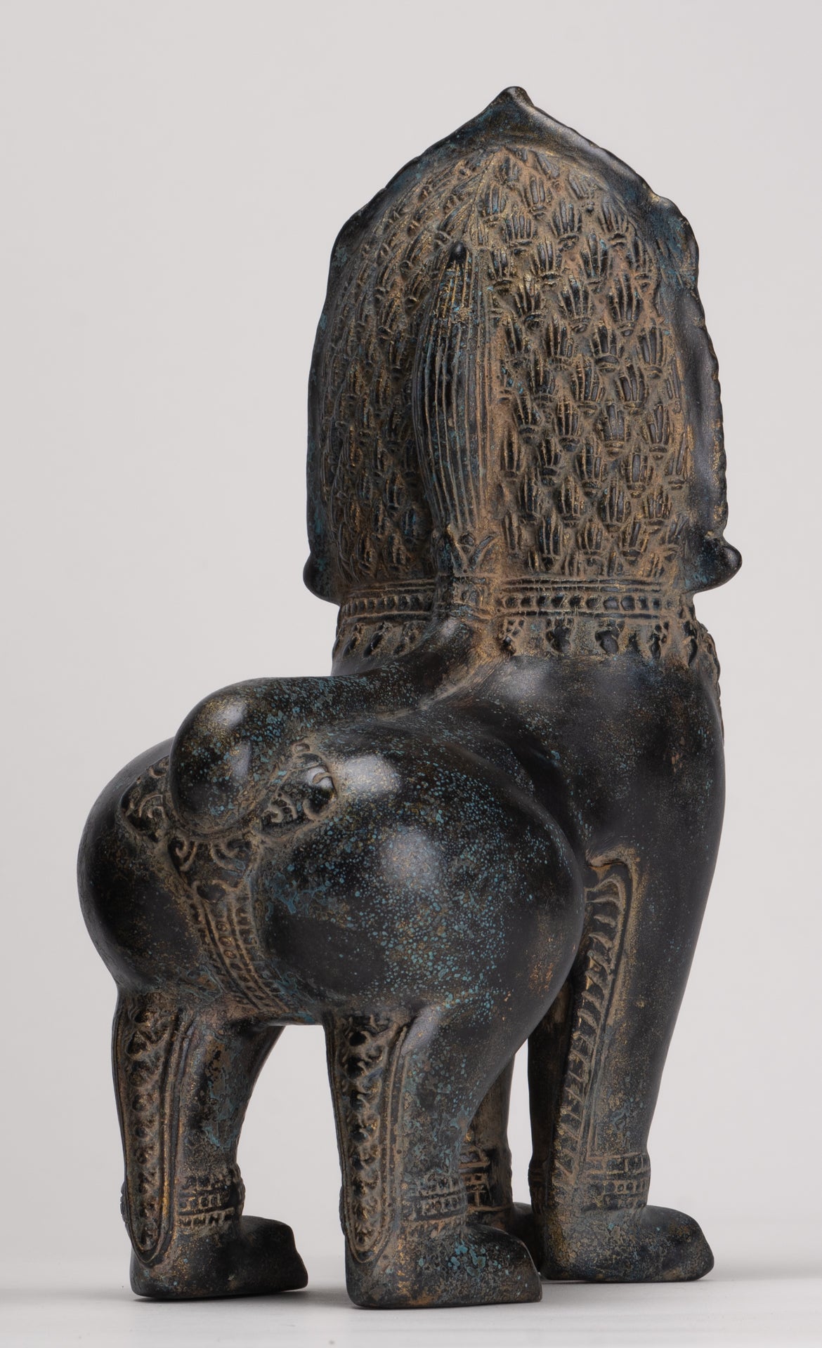 Temple Lions - Antique Khmer Style Bronze Standing Temple Guardian or Lions (Pair) - 27cm/11"
