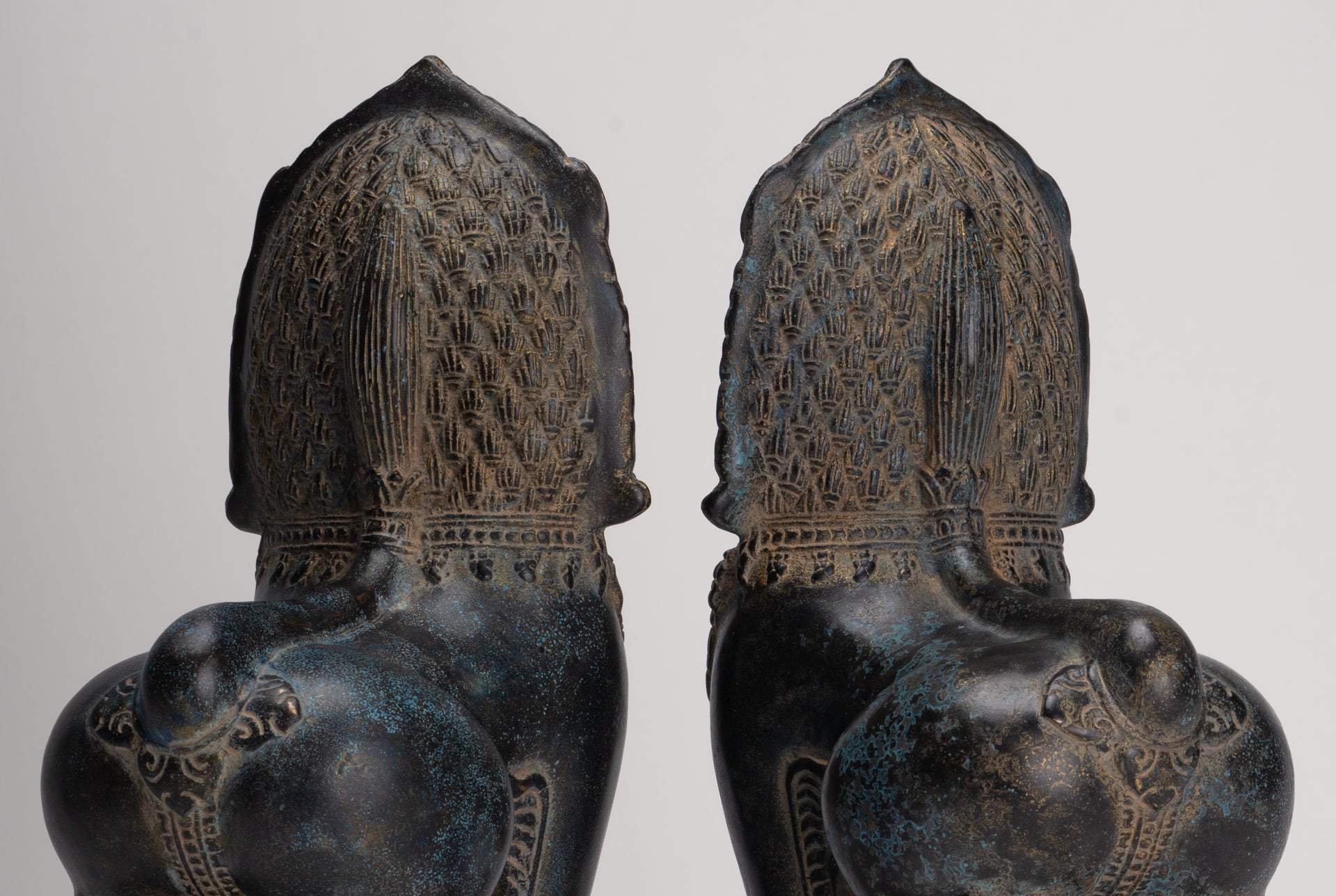 Temple Lions - Antique Khmer Style Bronze Standing Temple Guardian or Lions (Pair) - 27cm/11"