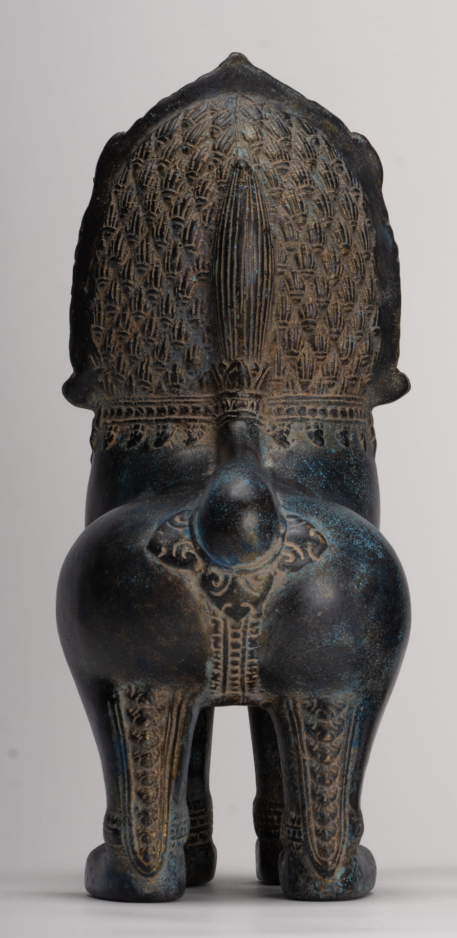 Temple Lions - Antique Khmer Style Bronze Standing Temple Guardian or Lions (Pair) - 27cm/11"