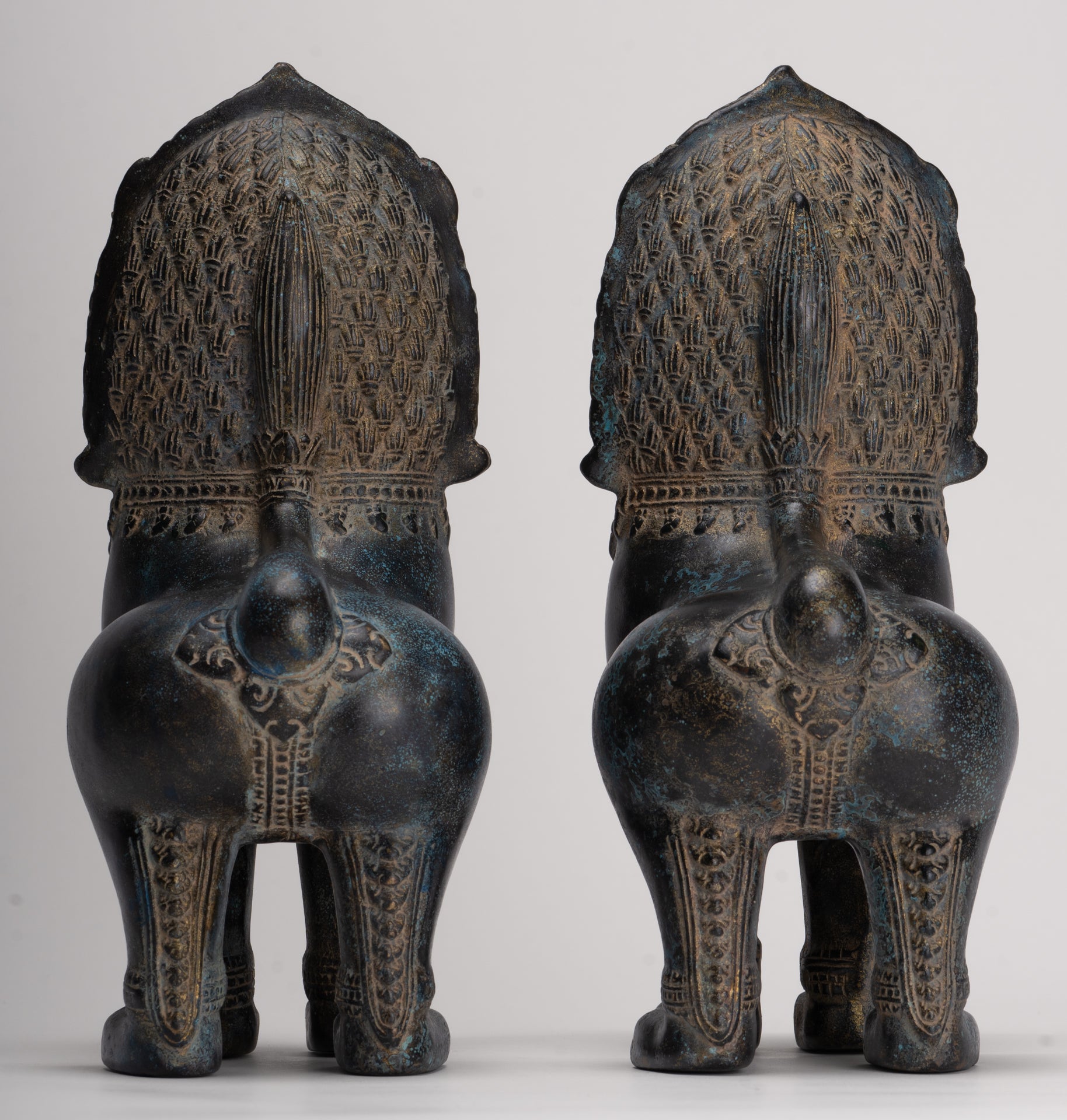 Temple Lions - Antique Khmer Style Bronze Standing Temple Guardian or Lions (Pair) - 27cm/11"